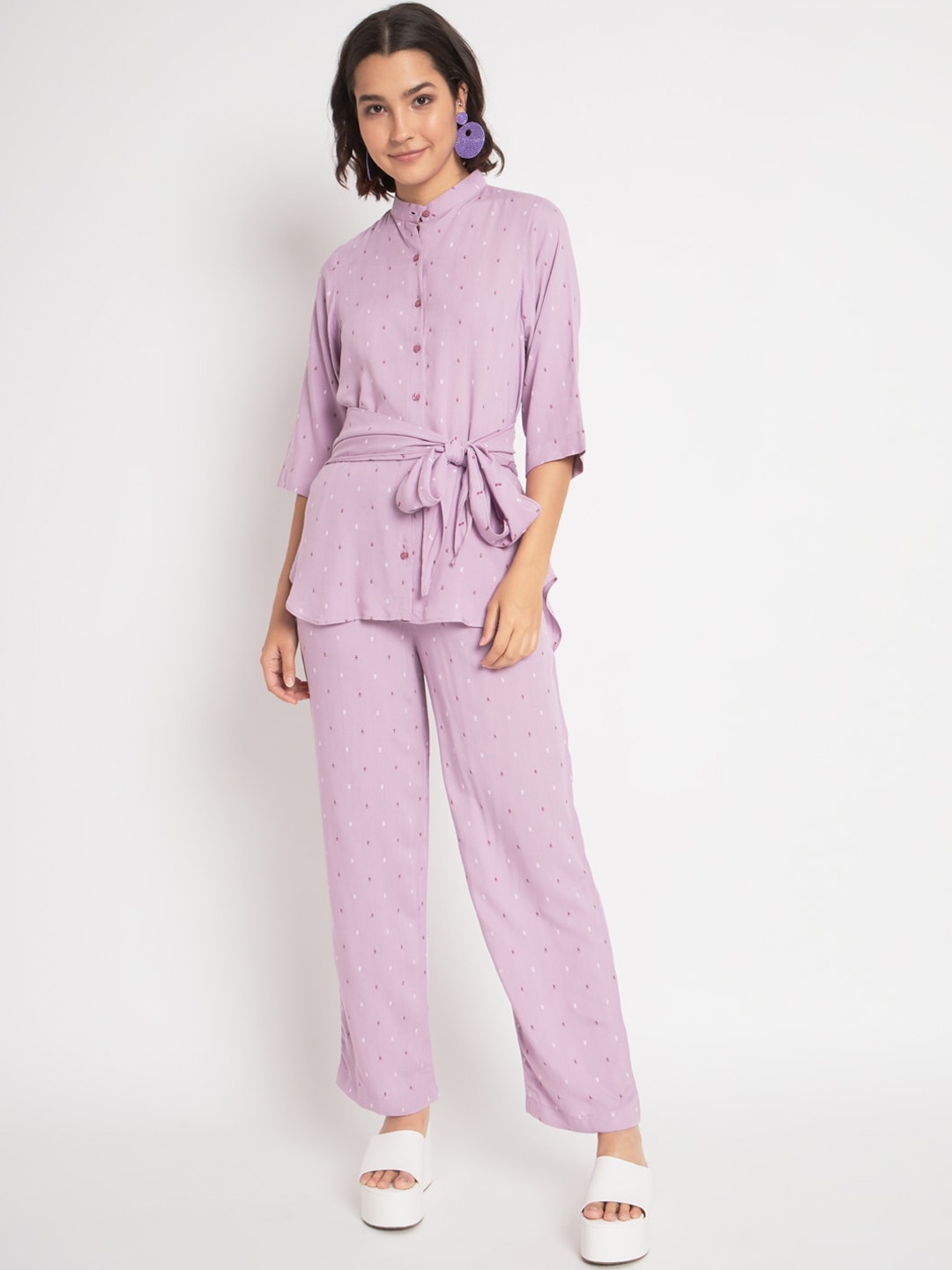 

Mitera Woven Design Mandarin Collar Tie-Up Top & Trouser, Purple