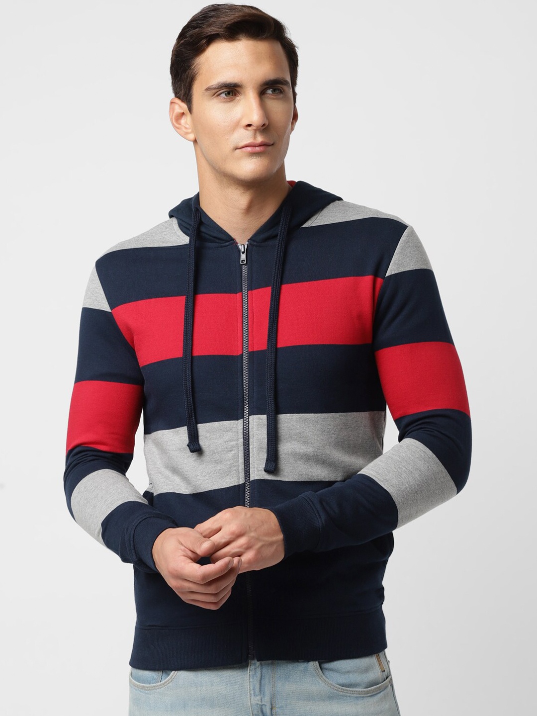 

UrbanMark Striped Hooded Front Open Sweatshirt, Navy blue