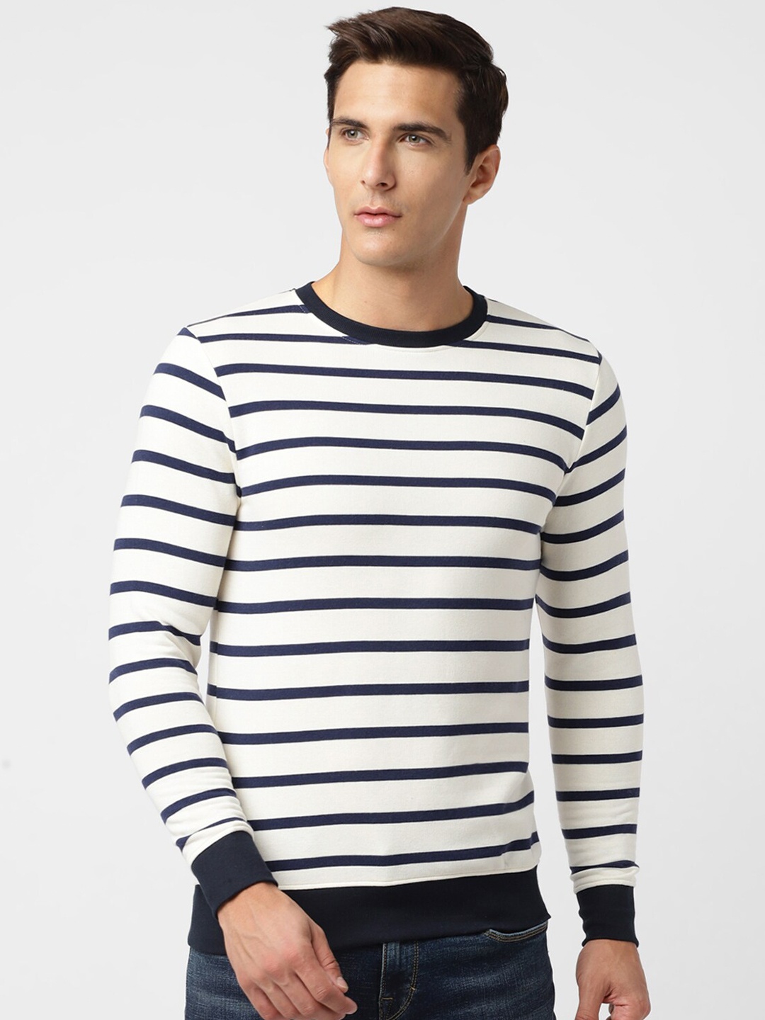 

UrbanMark Striped Long Sleeves Regular Fit Cotton Sweatshirt, White