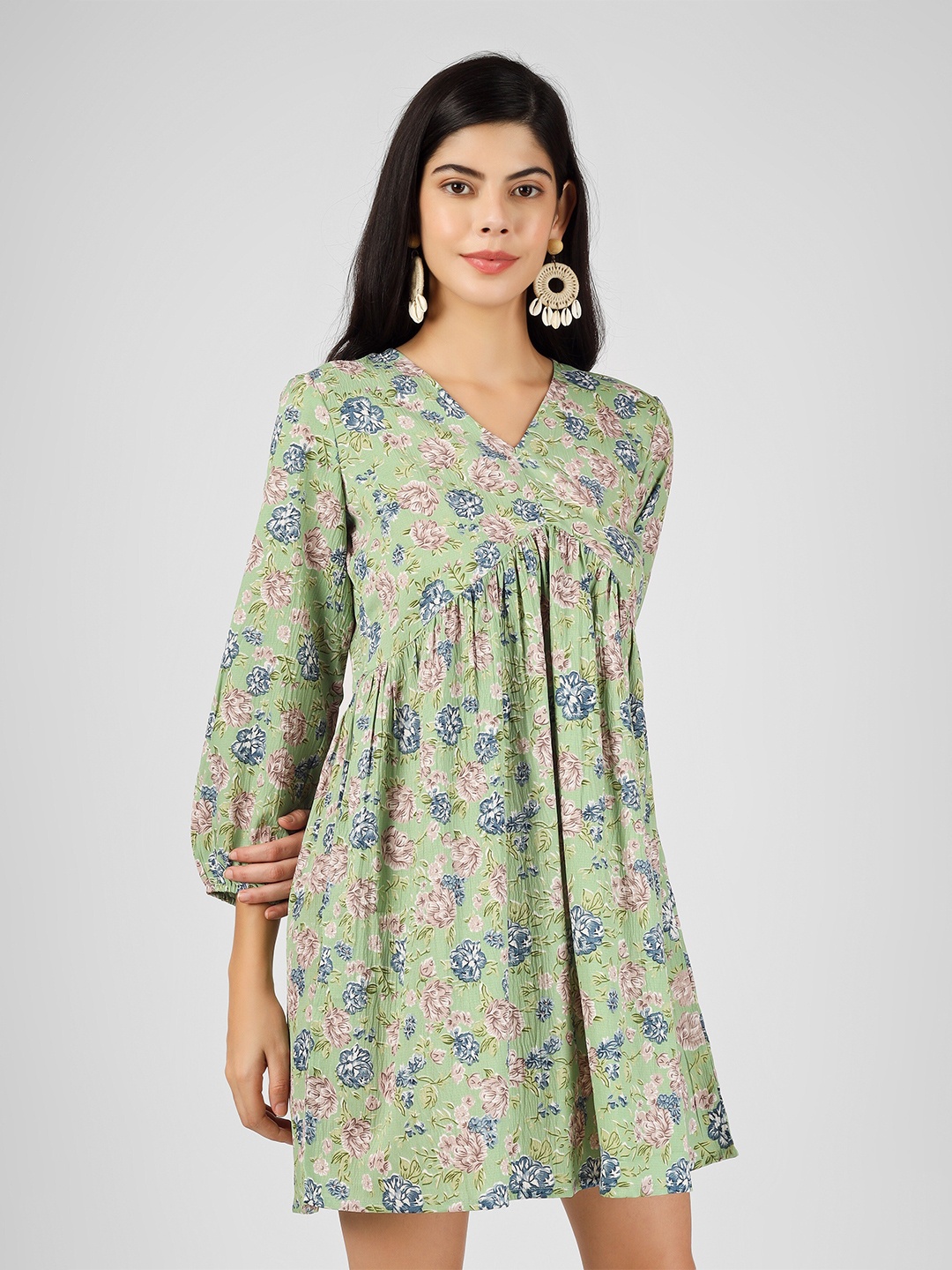 

CELEBRAVO Floral Printed Puff Sleeves Empire Dress, Green