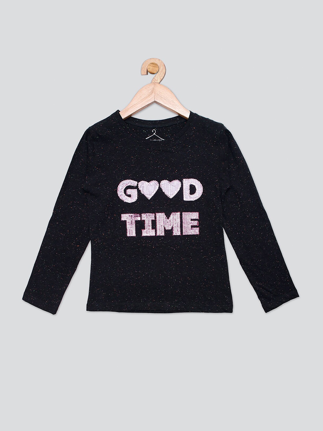 

PAMPOLINA Girls Typography Printed Sequinned Cotton Top, Black