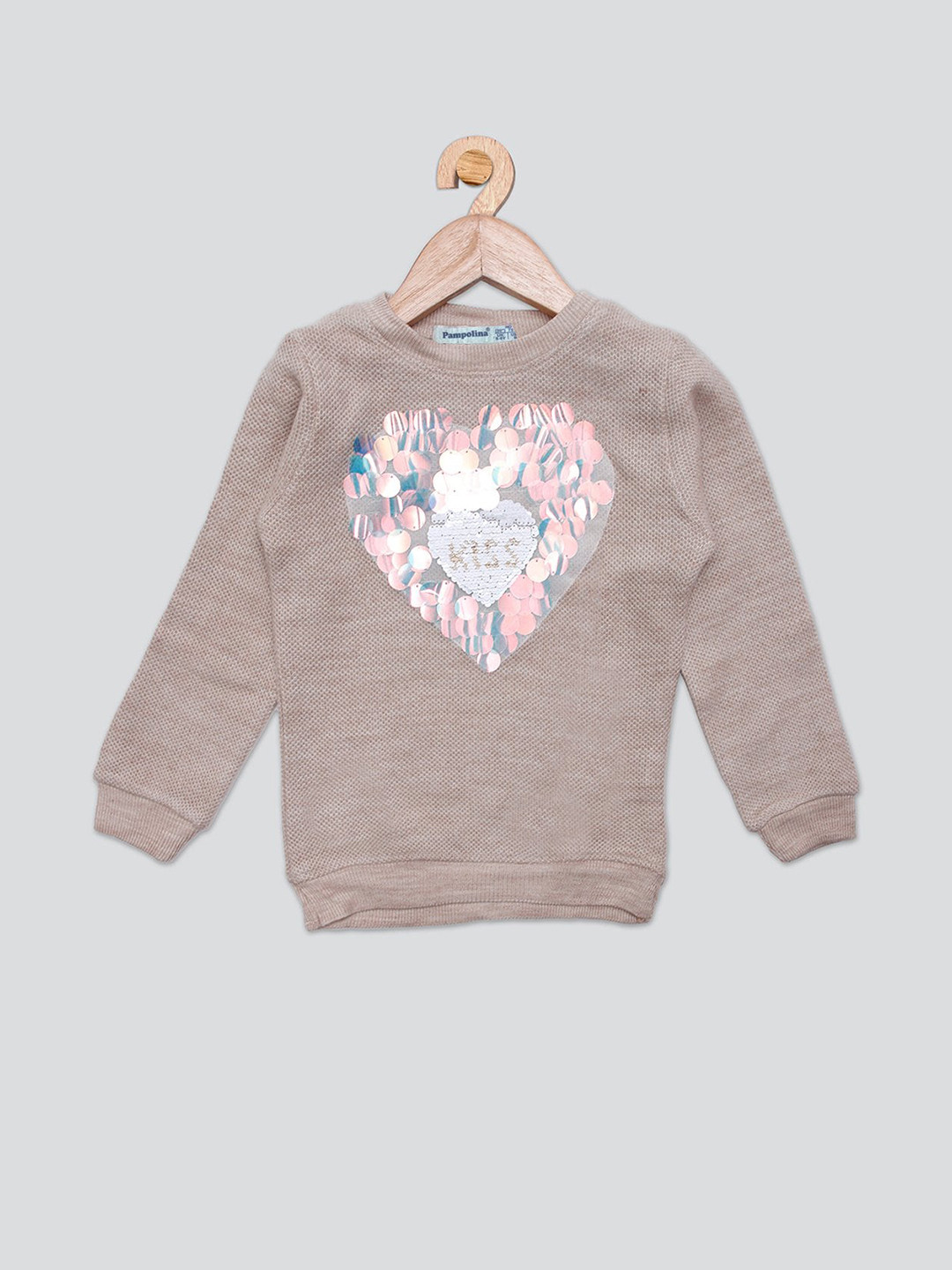 

PAMPOLINA Round Neck Embellished Woollen Sweater, Beige