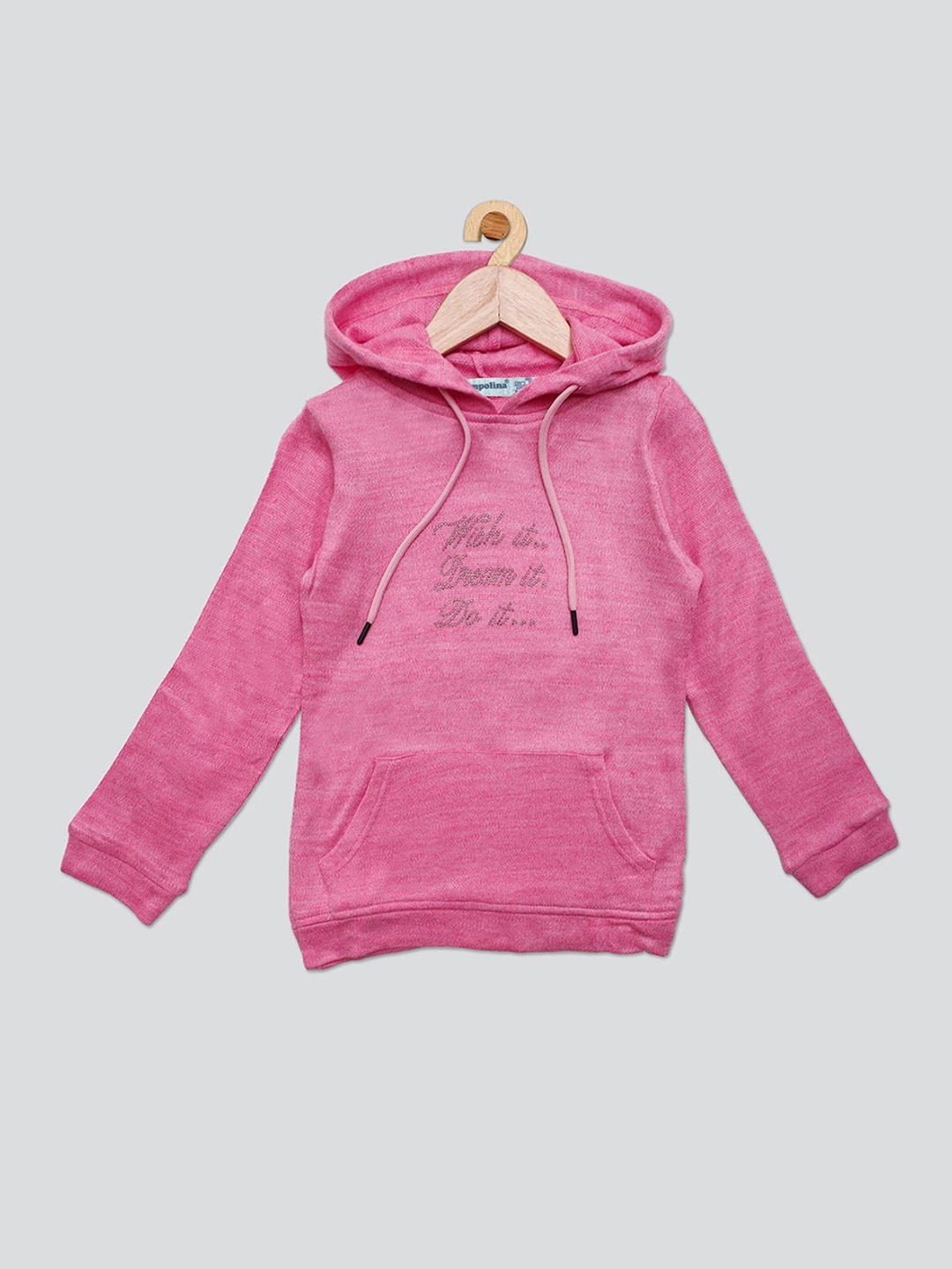 

PAMPOLINA Girls Typography Printed Hooded Woollen Sweatshirt, Pink