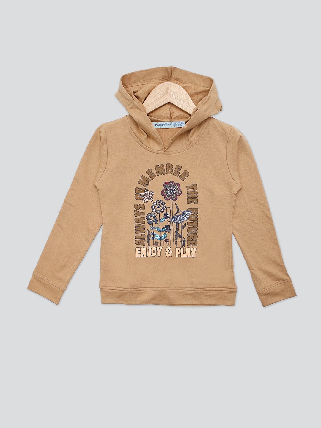 

PAMPOLINA Girls Typography Printed Hooded Cotton Sweatshirt, Beige