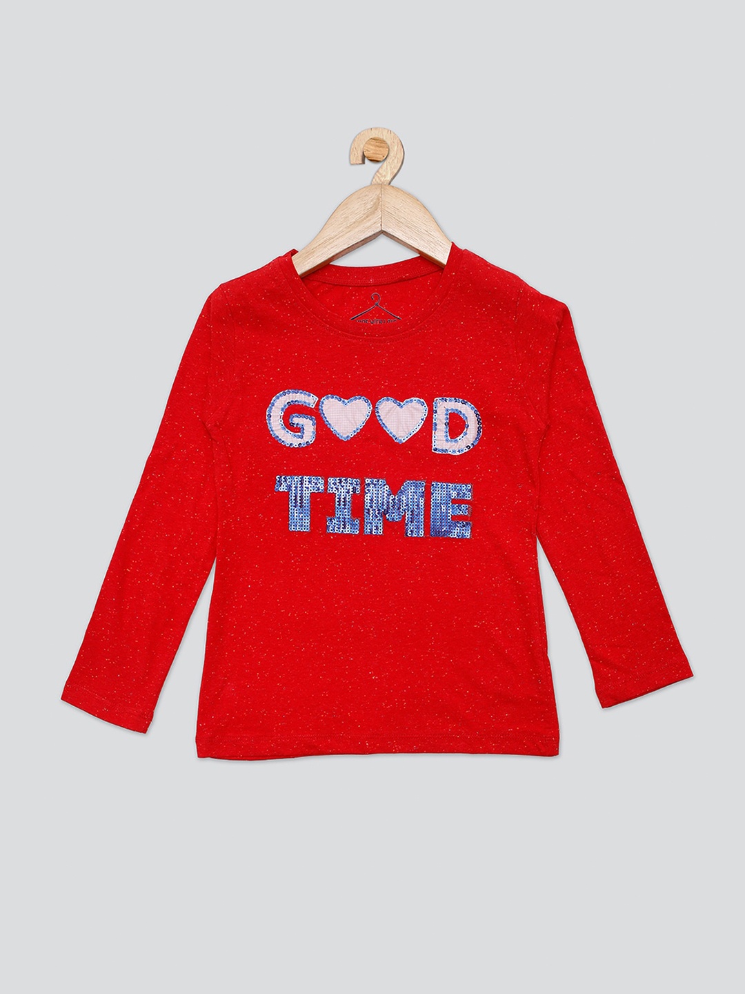 

PAMPOLINA Girls Typography Printed Sequinned Cotton Top, Red
