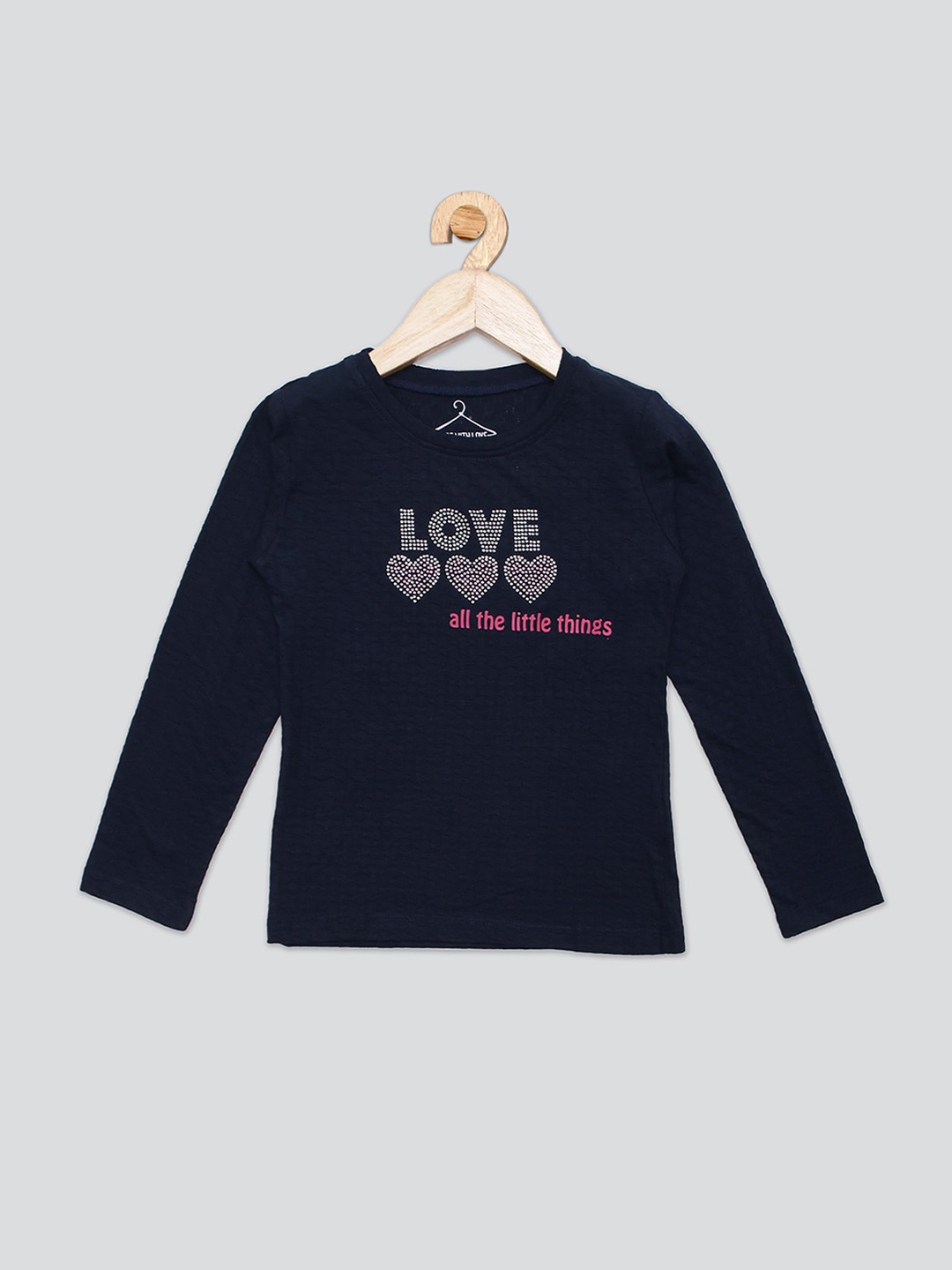 

PAMPOLINA Girls Typography Printed Embellished Cotton T-shirt, Navy blue