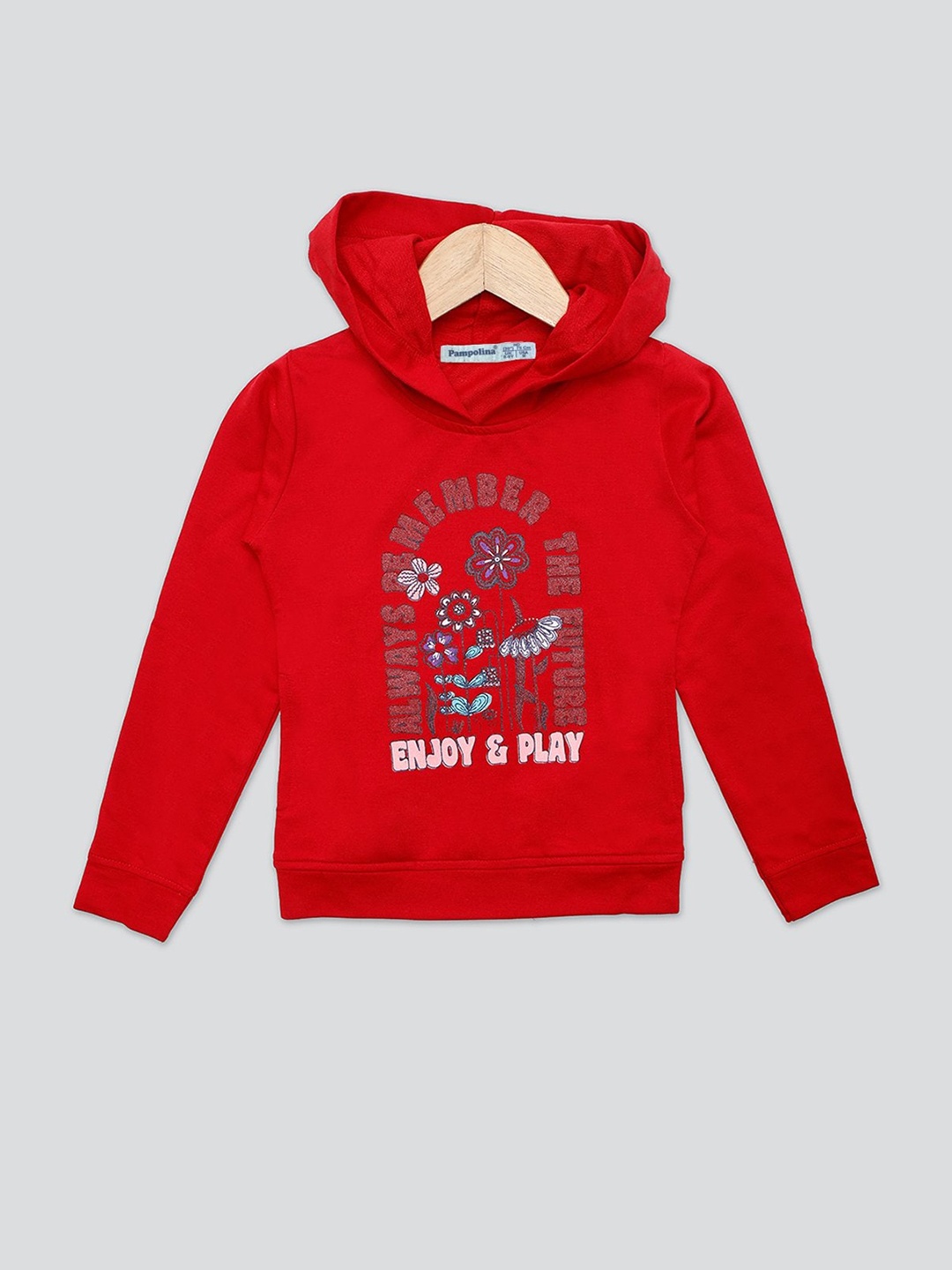 

PAMPOLINA Floral Printed Hooded Cotton Pullover, Red