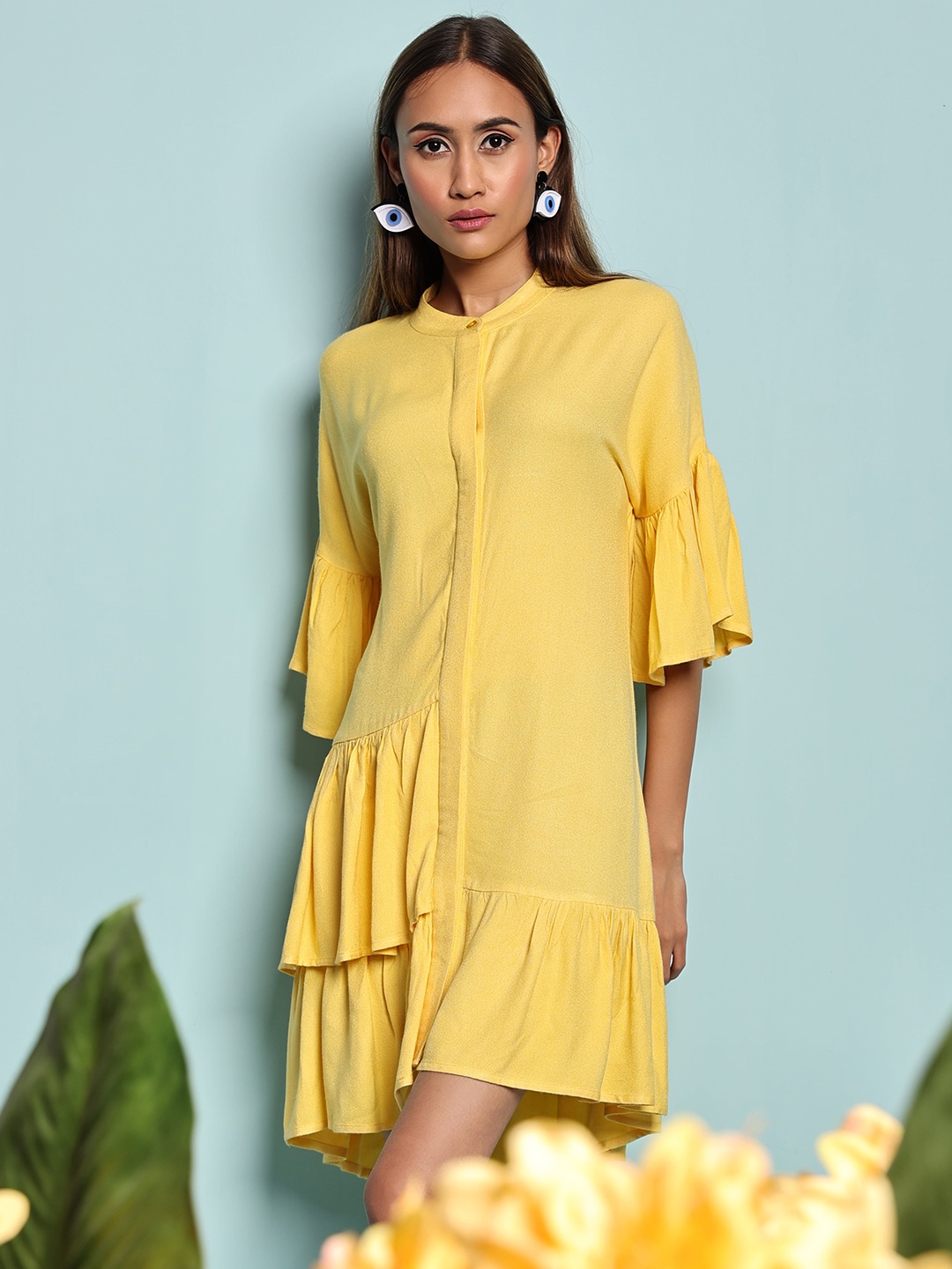 

Earth Republic Mandarin Collar Bell Sleeves Shirt Dress, Yellow