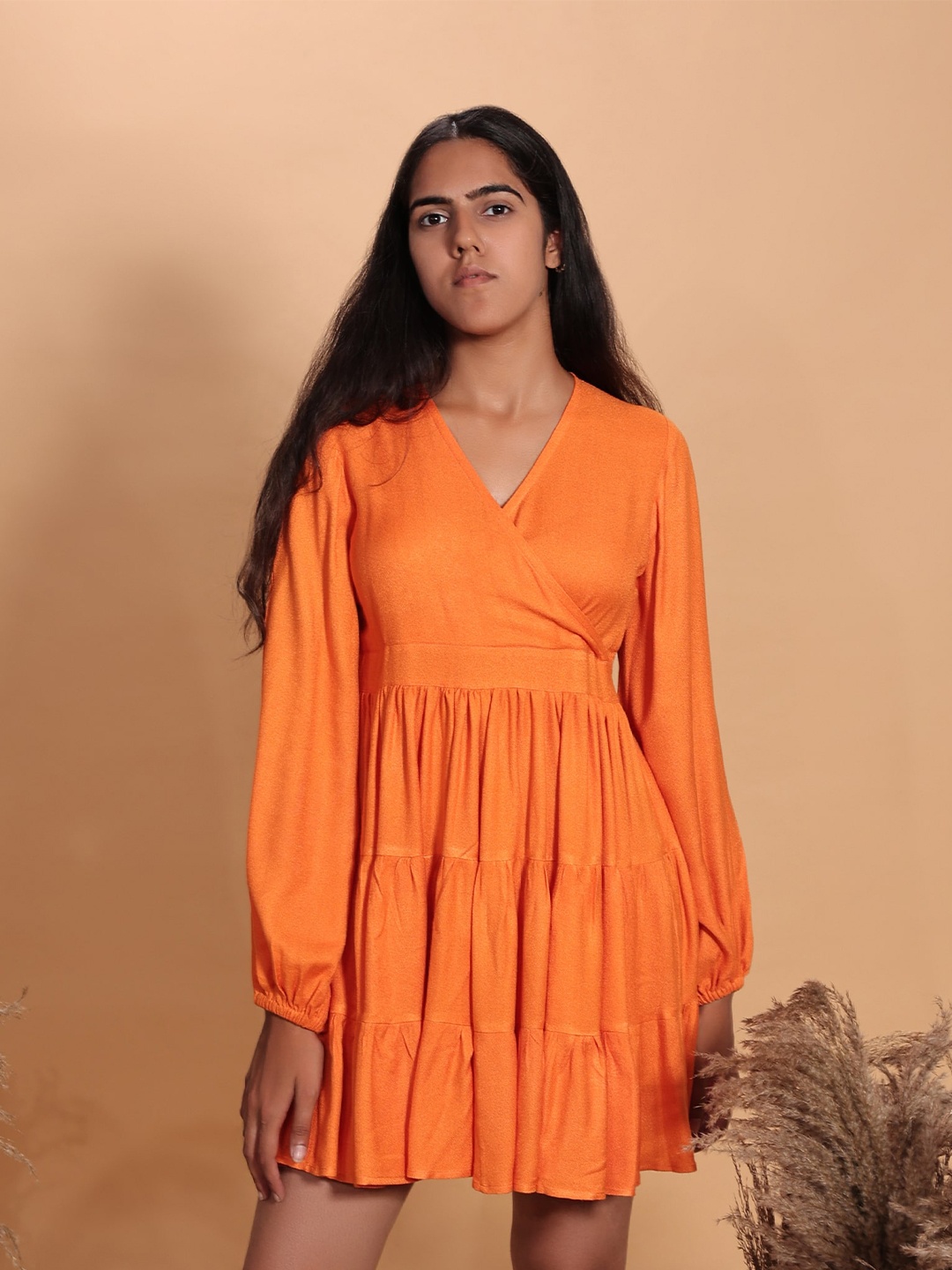 

Earth Republic V-Neck Puff Sleeve Pure Cotton Fit & Flare Dress, Orange