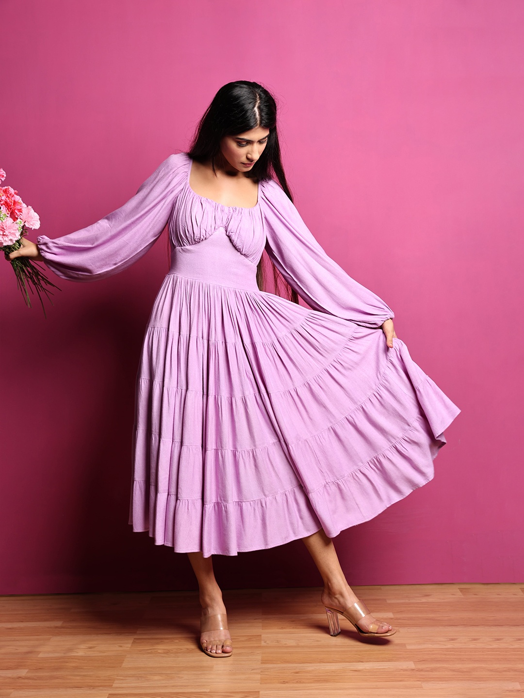 

Earth Republic Square Neck Puff Sleeves Fit & Flare Midi Dress, Lavender