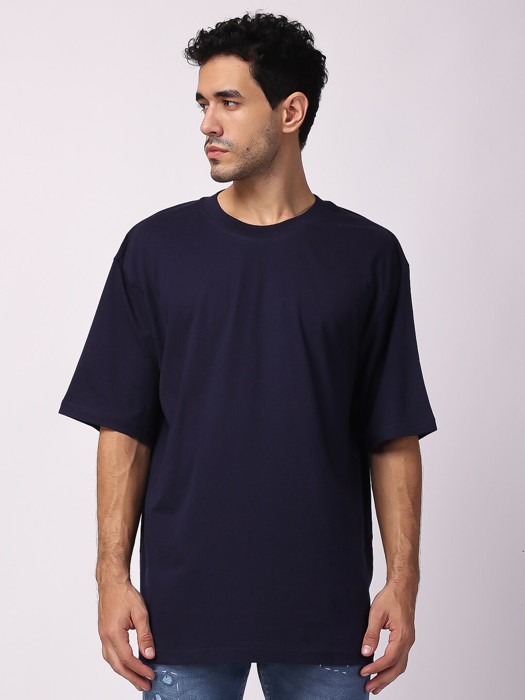 

The Label Bar Cotton Drop-Shoulder Sleeves Oversized T-shirt, Navy blue