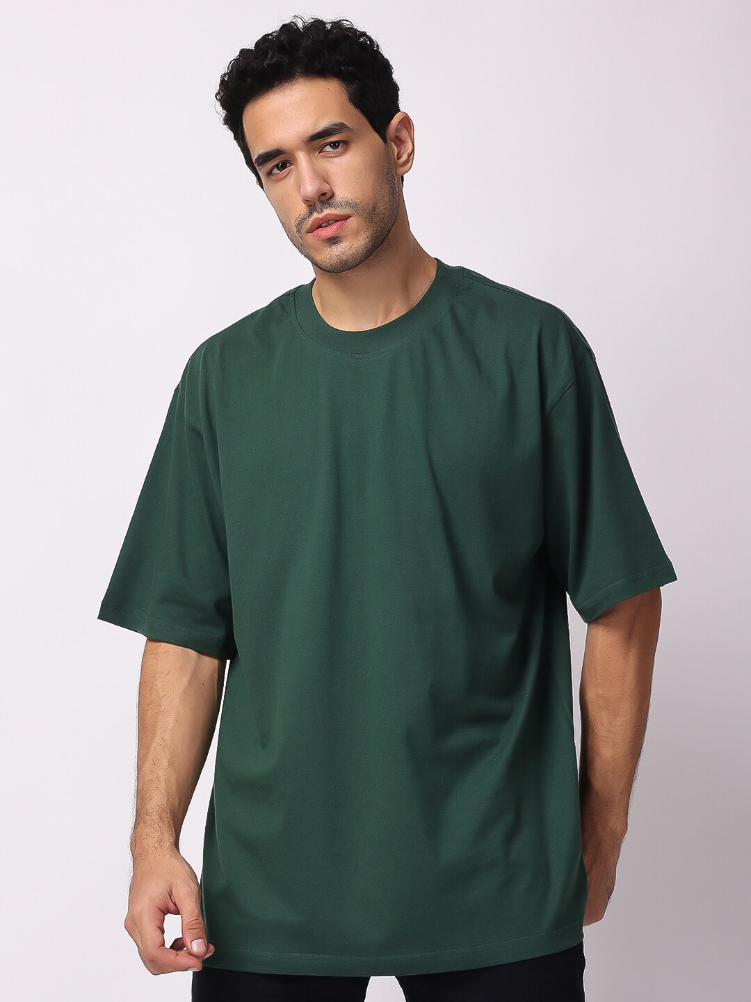 

The Label Bar Drop-Shoulder Sleeves Cotton Oversized T-Shirt, Green