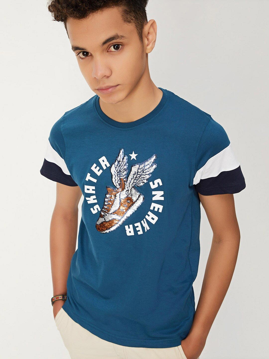 

max Boys Graphic Printed Embellished Pure Cotton T-shirt, Blue