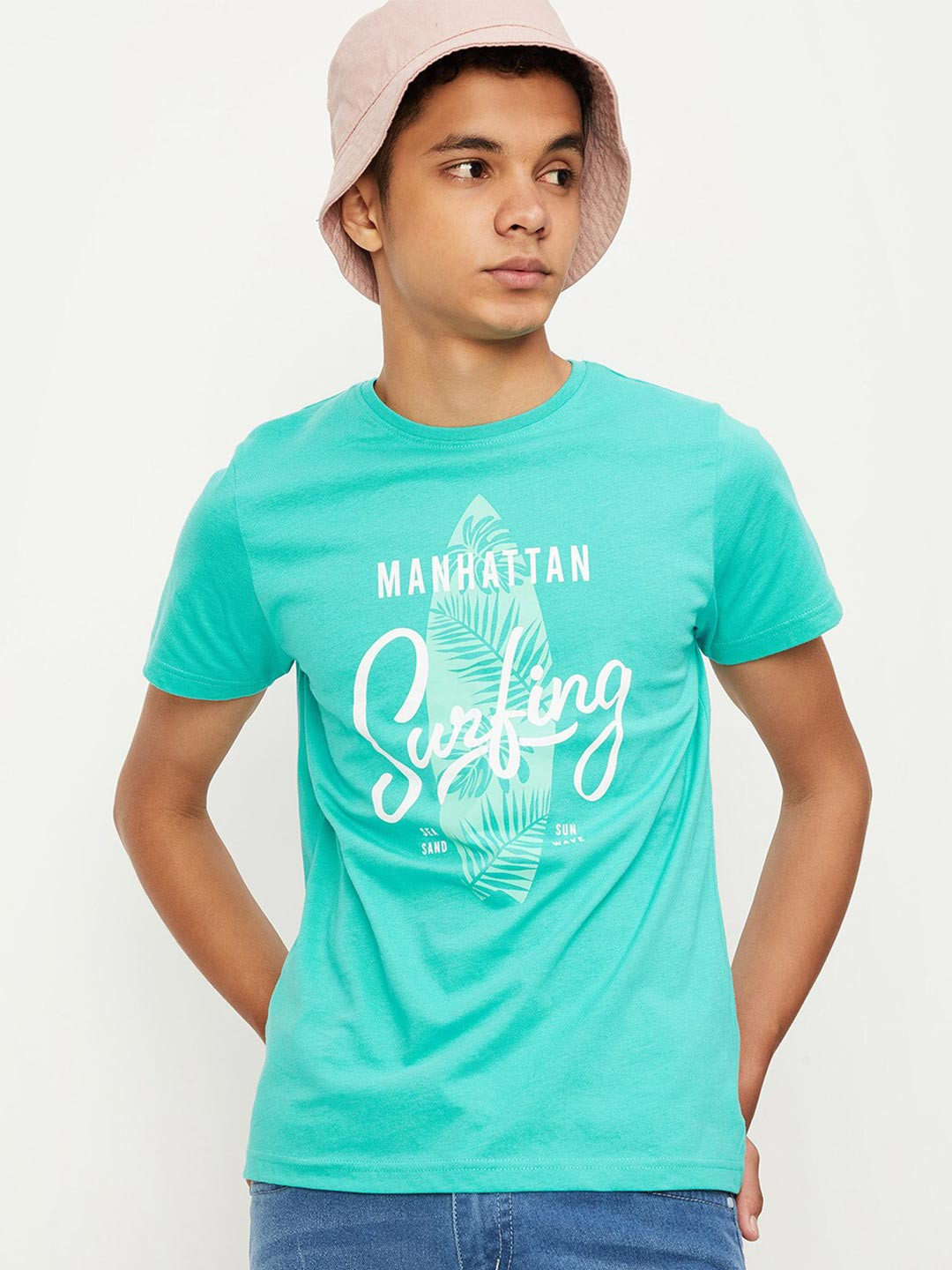 

max Boys Typography Printed Pure Cotton T-Shirt, Green