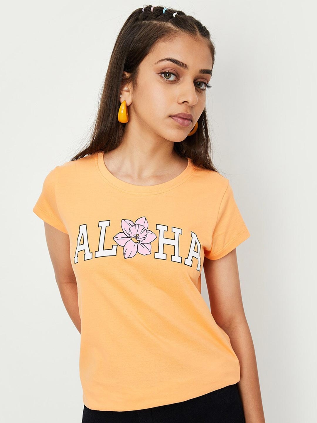

max Girls Typography Printed Pure Cotton T-shirt, Orange