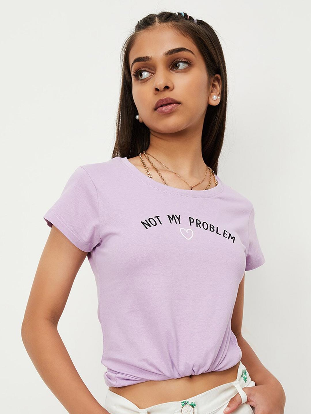max Girls Typography Printed Pure Cotton T-shirt, Purple