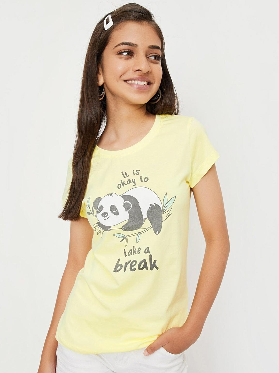 

max Girls Graphic Printed Pure Cotton T-shirt, Yellow