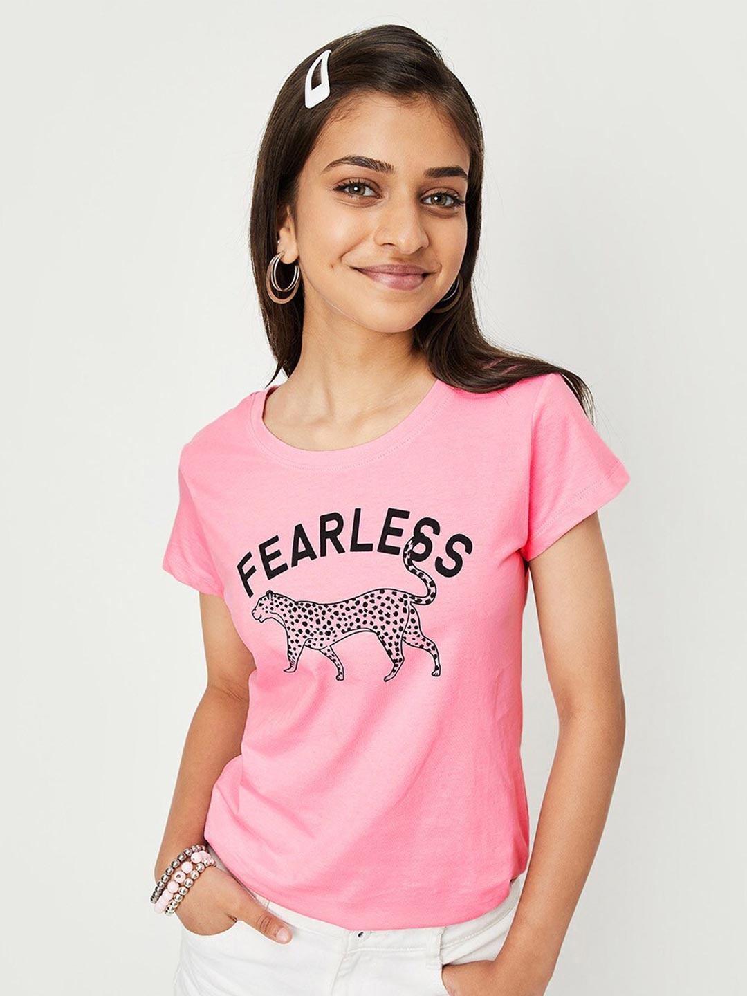 

max Girls Typography Printed Pure Cotton T-shirt, Pink