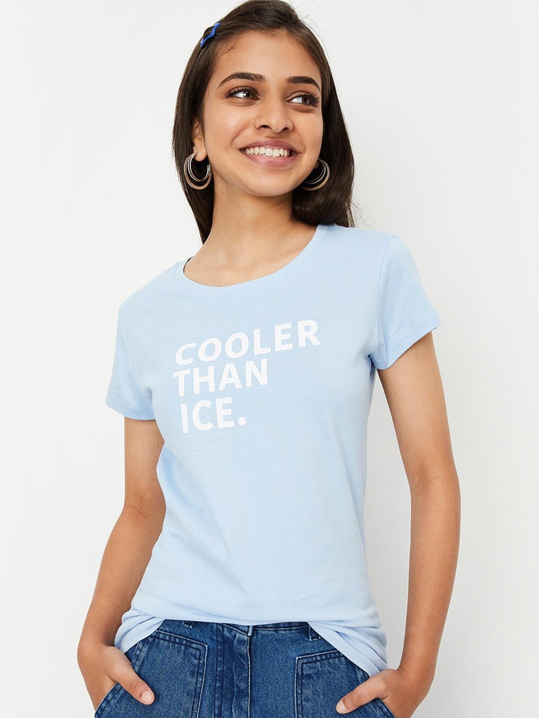 

max Girls Typography Printed Pure Cotton T-Shirt, Blue