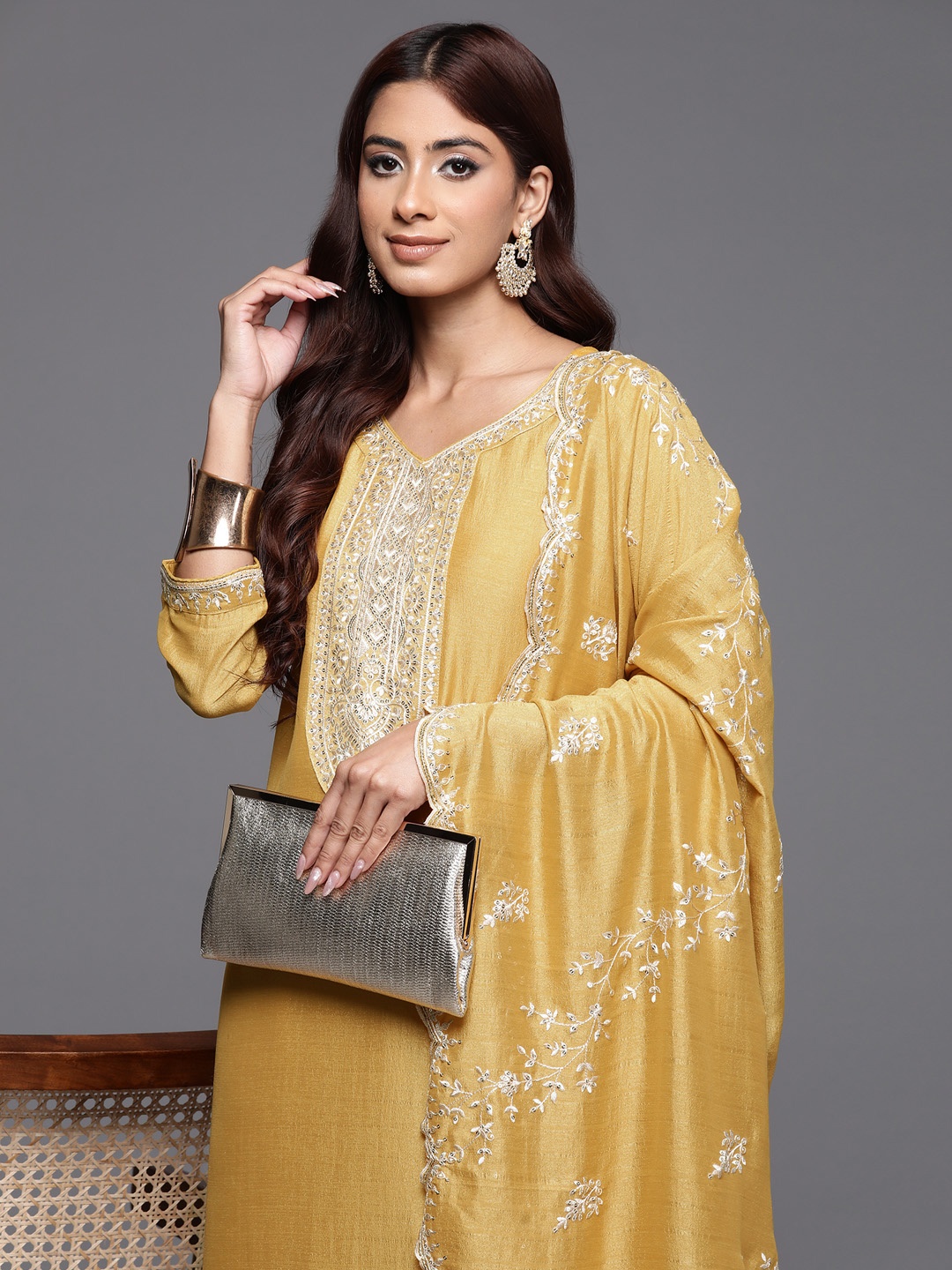 

Indo Era Ethnic Motifs Embroidered Sequinned Kurta with Trousers & Dupatta, Yellow