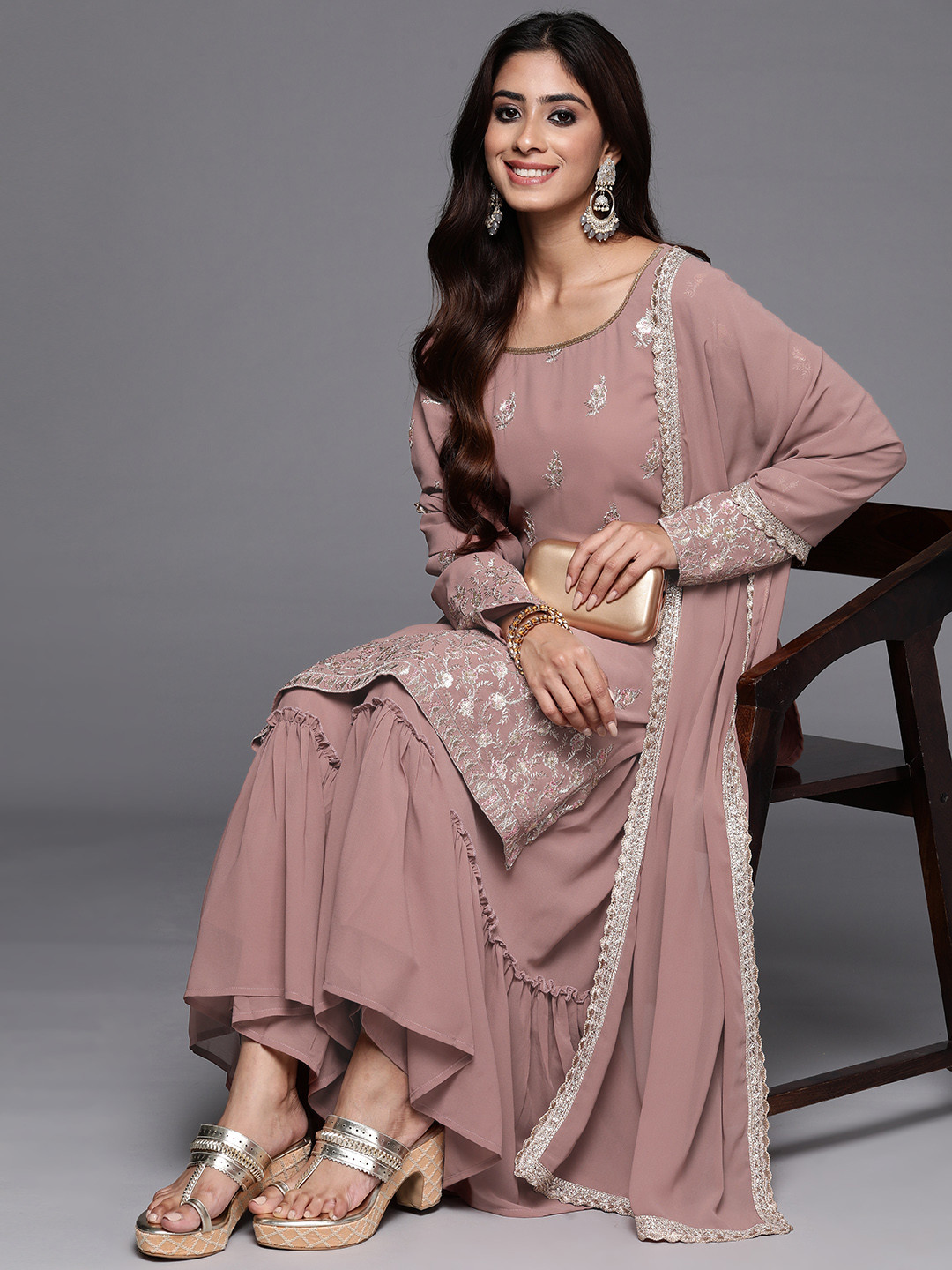 

Indo Era Women Floral Embroidered Regular Sequined Kurta with Sharara & With Dupatta, Mauve