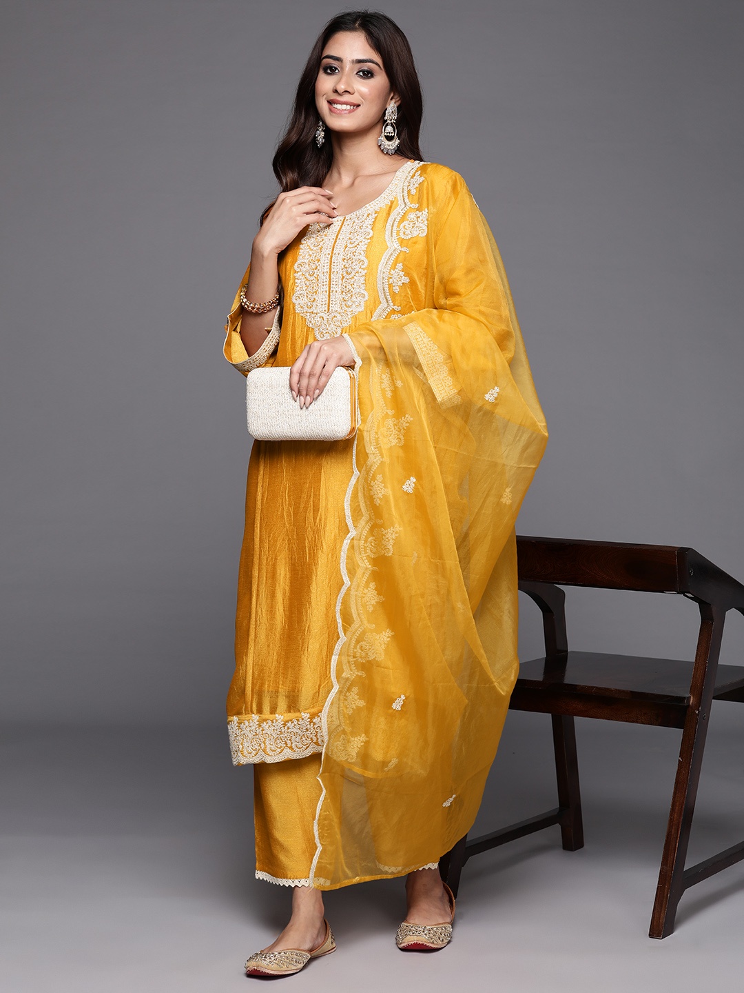 

Indo Era Women Ethnic Motifs Embroidered Regular Sequined Kurta with Trousers & Dupatta, Mustard