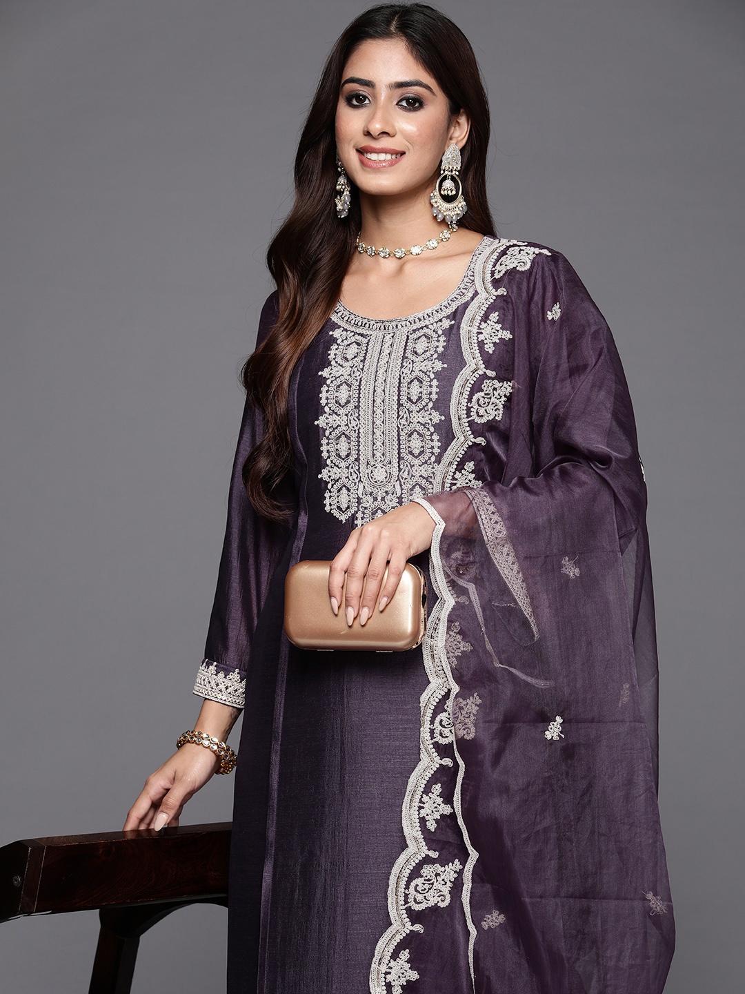 

Indo Era Women Ethnic Motifs Embroidered Regular Sequined Kurta with Trousers & Dupatta, Purple