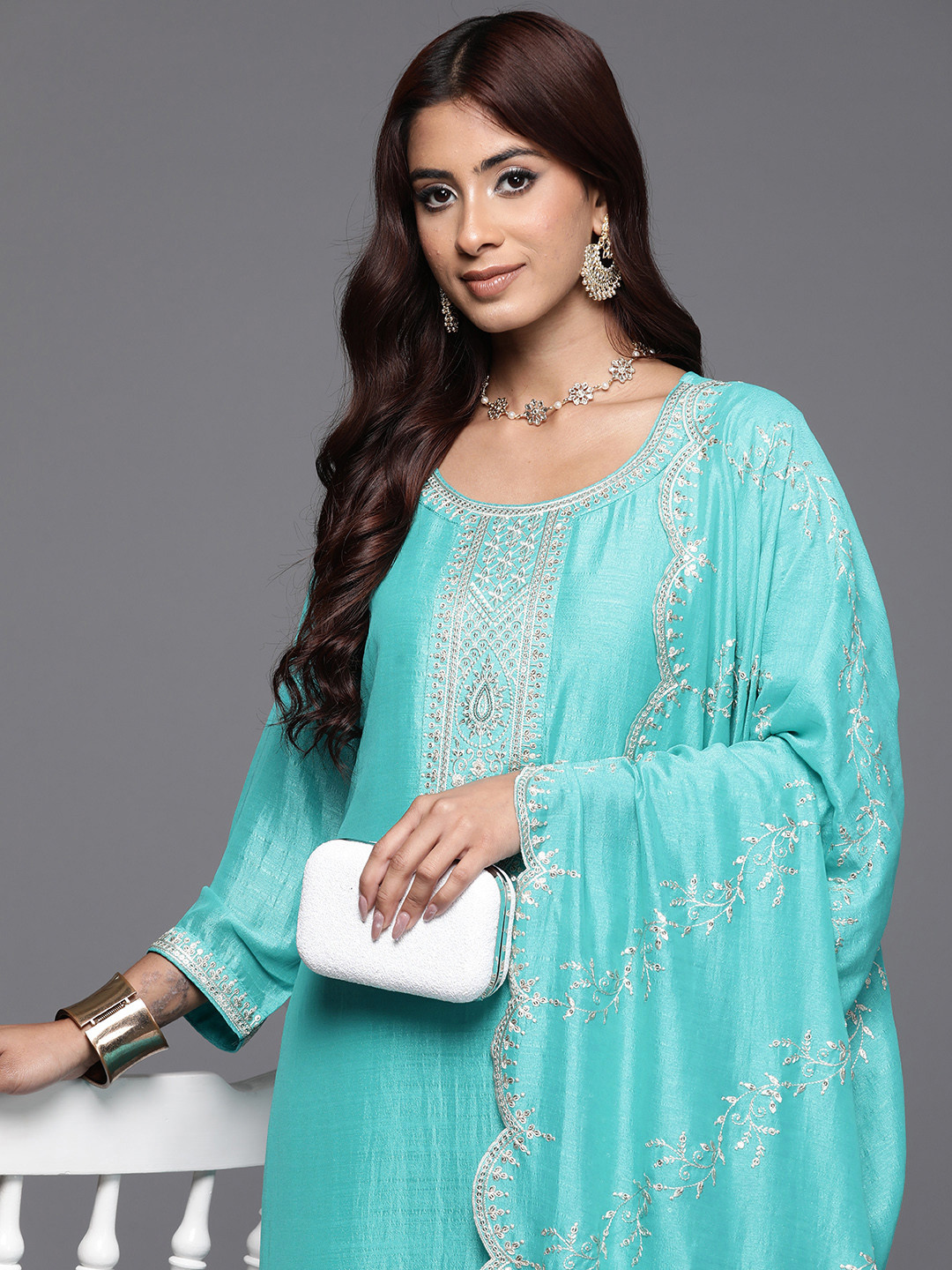 

Indo Era Ethnic Motifs Embroidered Sequinned Kurta with Trousers & Dupatta, Turquoise blue