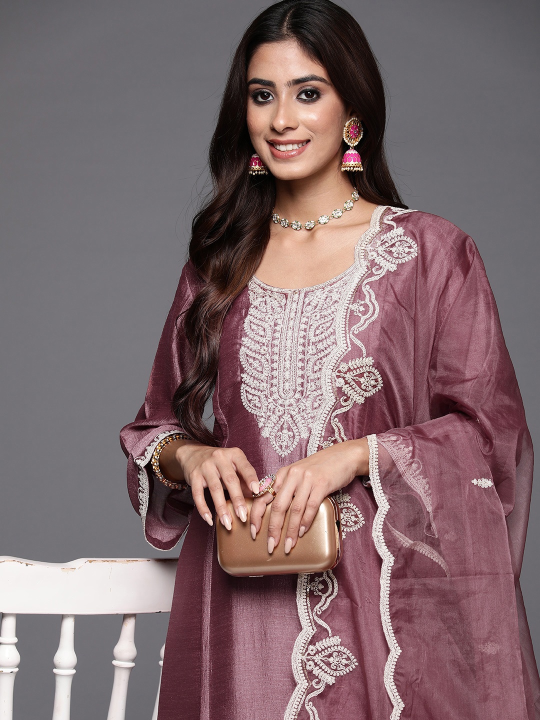 

Indo Era Women Embroidered Regular Sequined Kurta with Trousers & Dupatta, Mauve