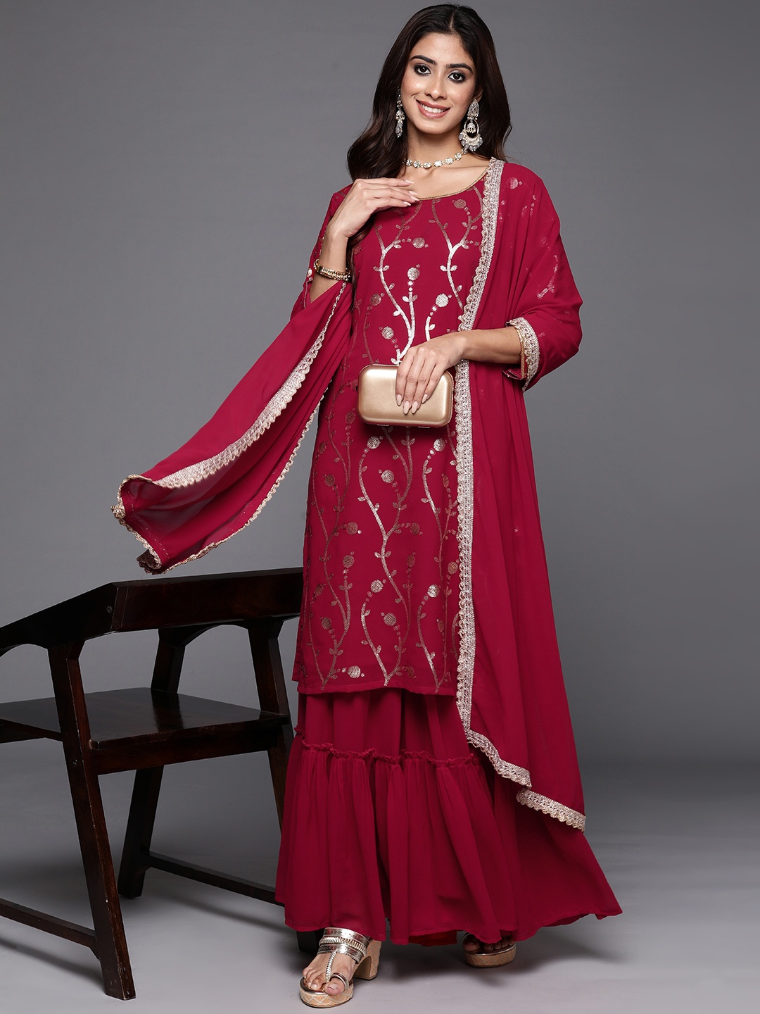 

Indo Era Women Floral Embroidered Regular Sequined Kurta with Sharara & Dupatta, Maroon