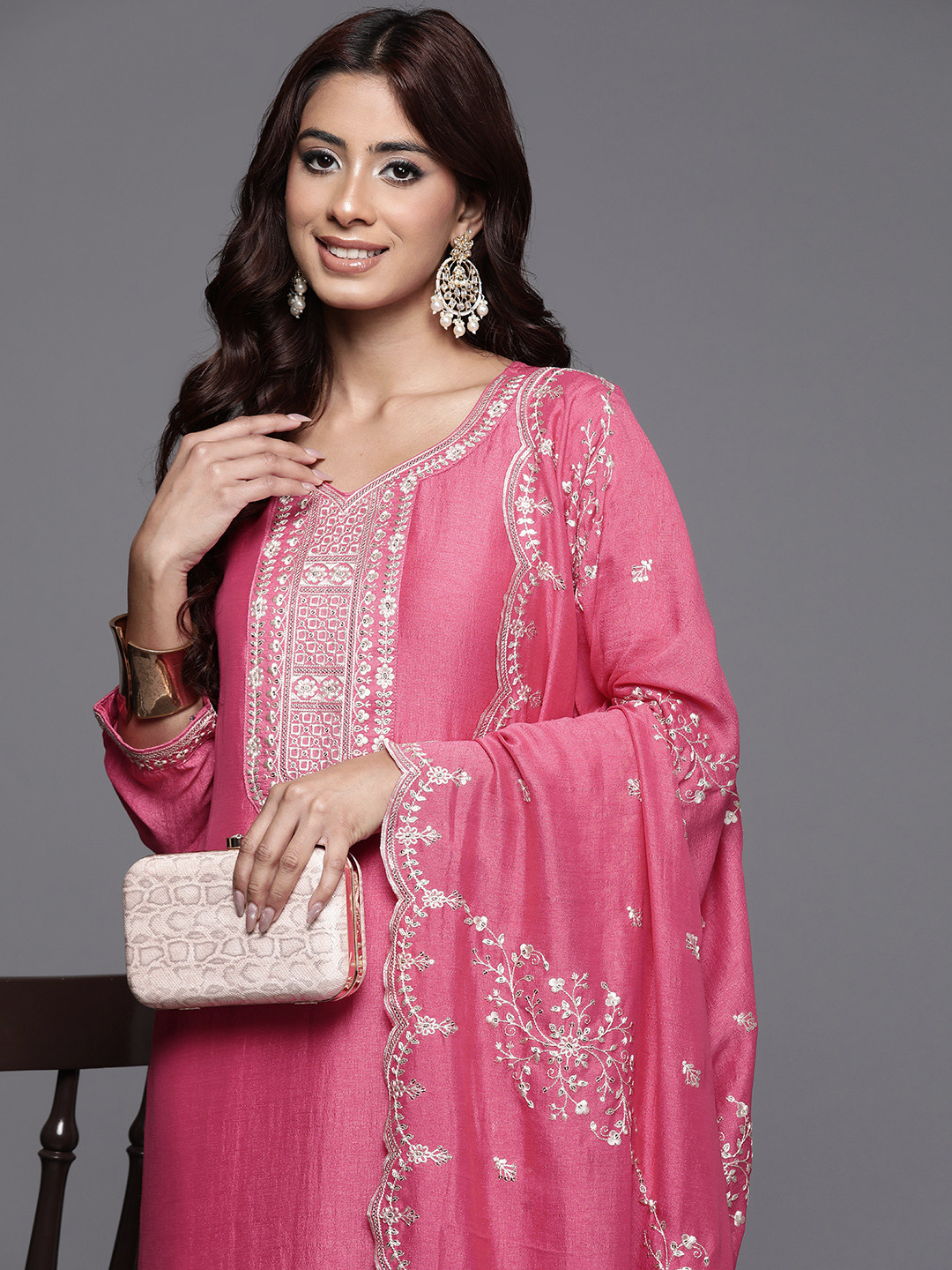 

Indo Era Floral Embroidered Sequinned Kurta with Trousers & Dupatta, Pink