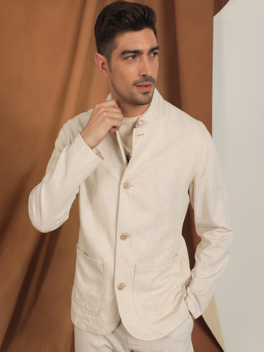 

RARE RABBIT Men Trex Tailored Fit Mandarin Collar Cotton Jacket, Beige