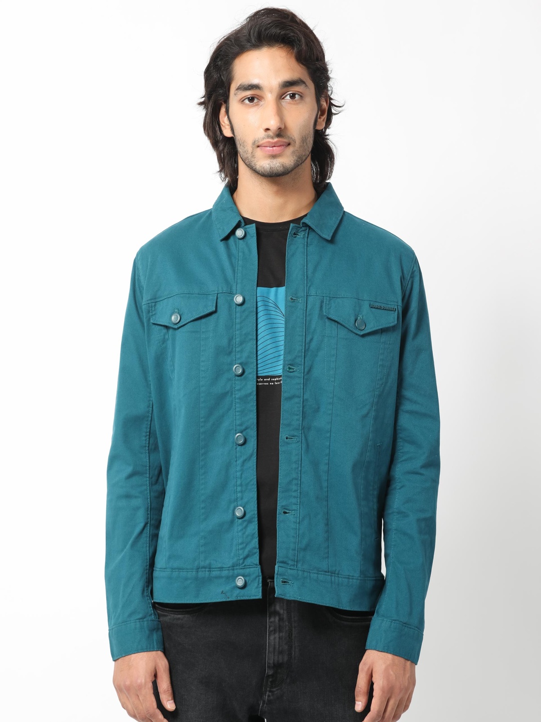 

RARE RABBIT Men Vintago Tailored Fit Spread Collar Denim Jacket, Teal