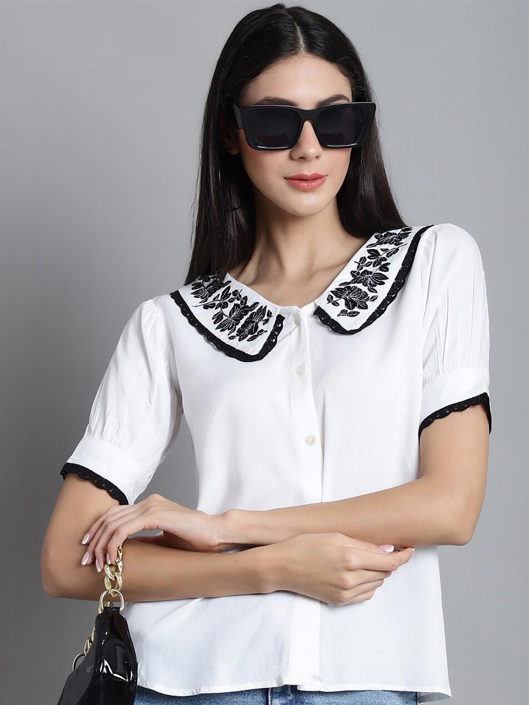 

JAINISH Embroidered Peter Pan Collar Puff Sleeve Shirt Style Top, White