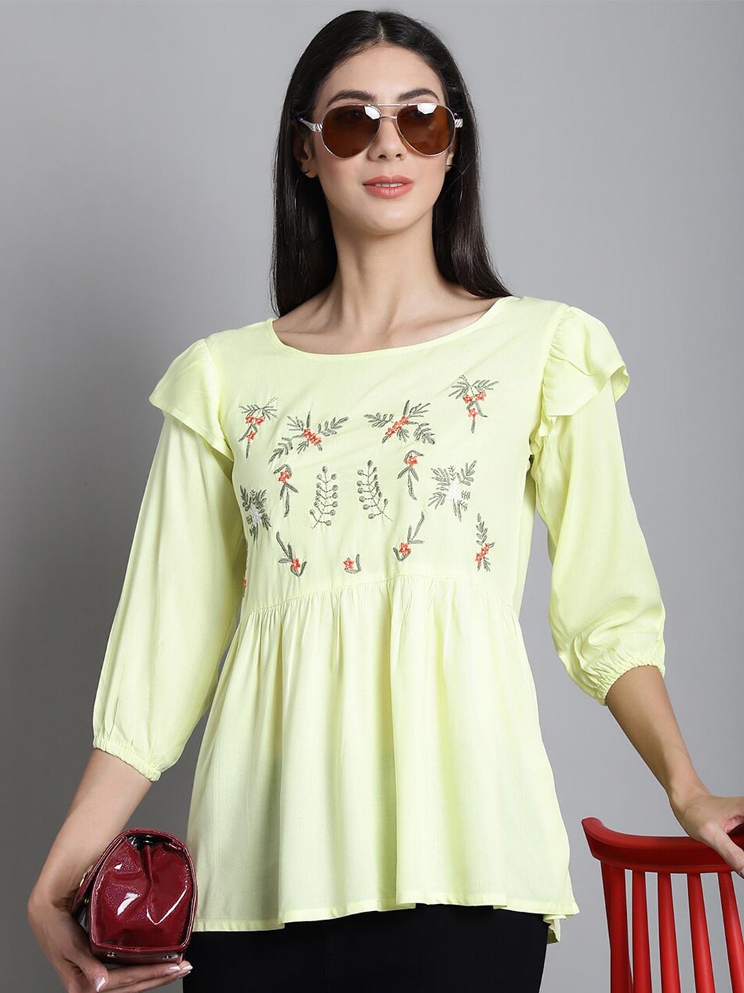 

JAINISH Floral Embroidered A-Line Top, Yellow