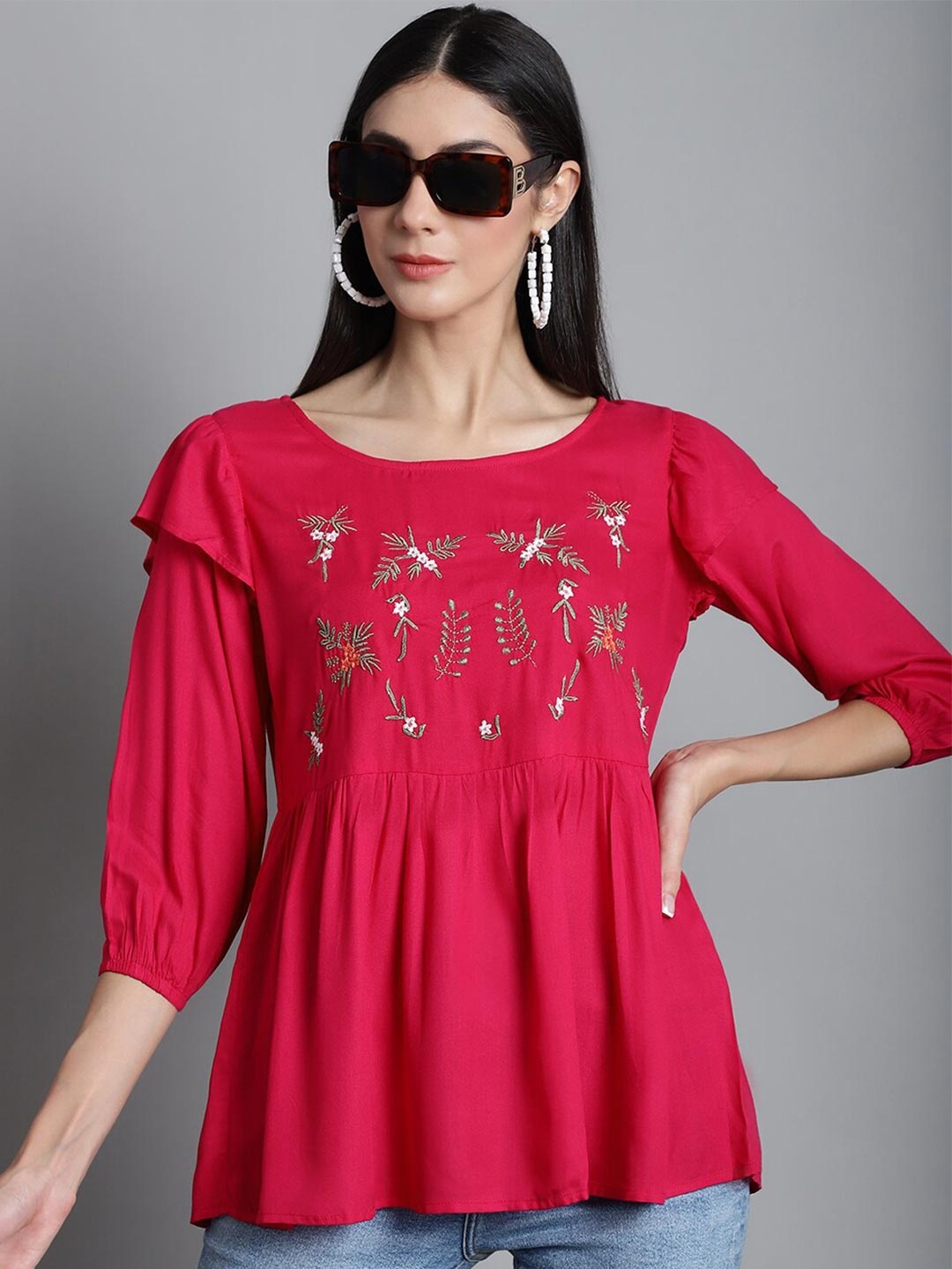 

JAINISH Floral Embroidered A-Line Top, Red