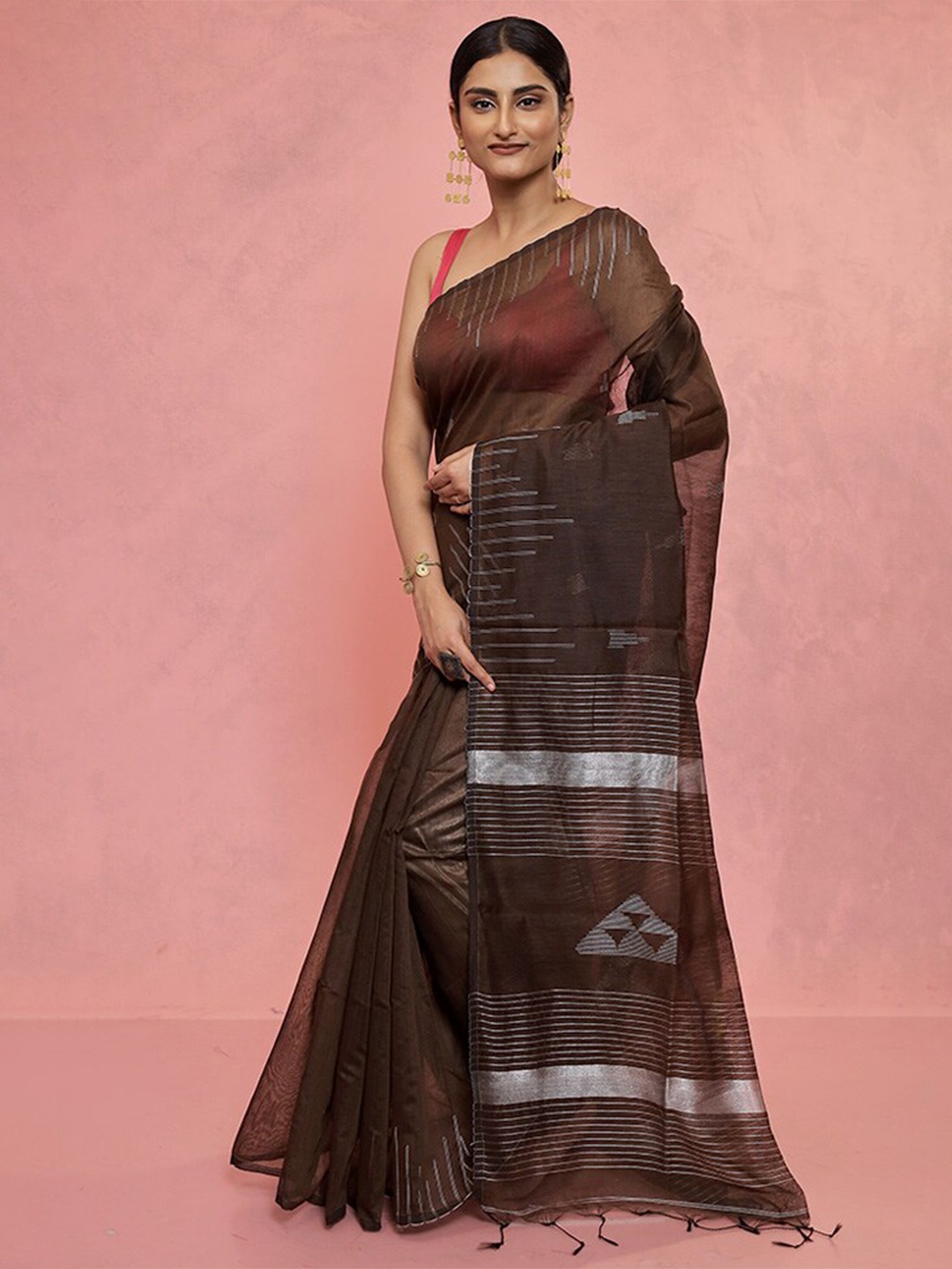 

AllSilks Striped Zari Saree, Brown