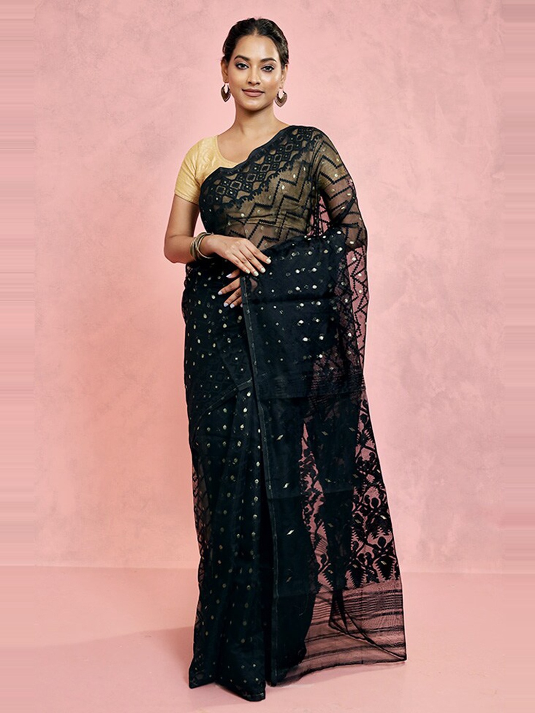 

AllSilks Woven Design Taant Saree, Black