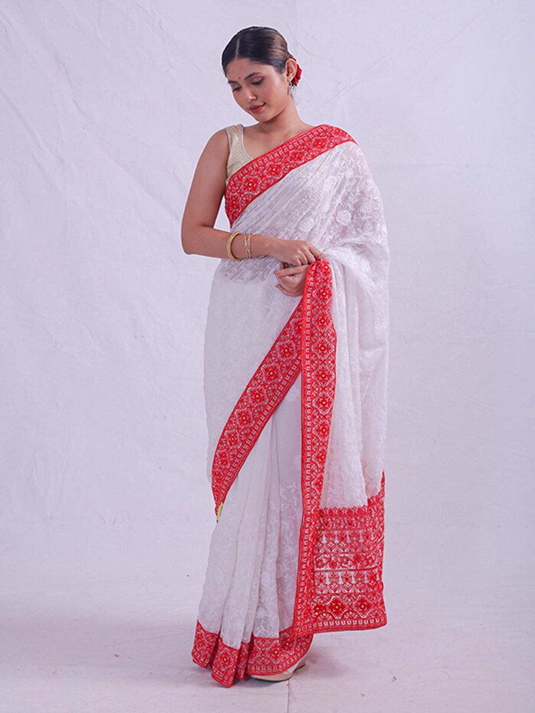 

AllSilks Floral Embroidered Saree, White