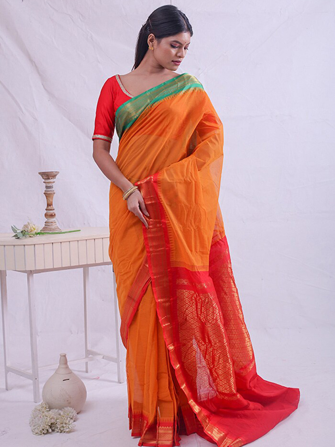 

AllSilks Yellow & Red Woven Design Zari Silk Blend Gadwal Saree