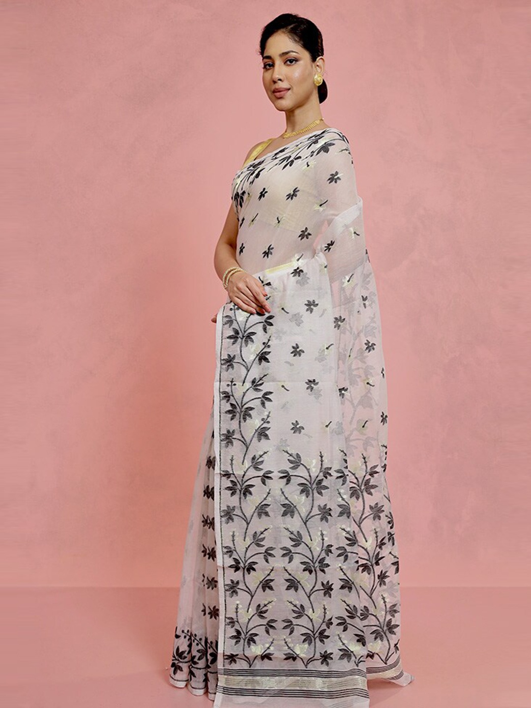 

AllSilks Woven Design Zari Taant Saree, White