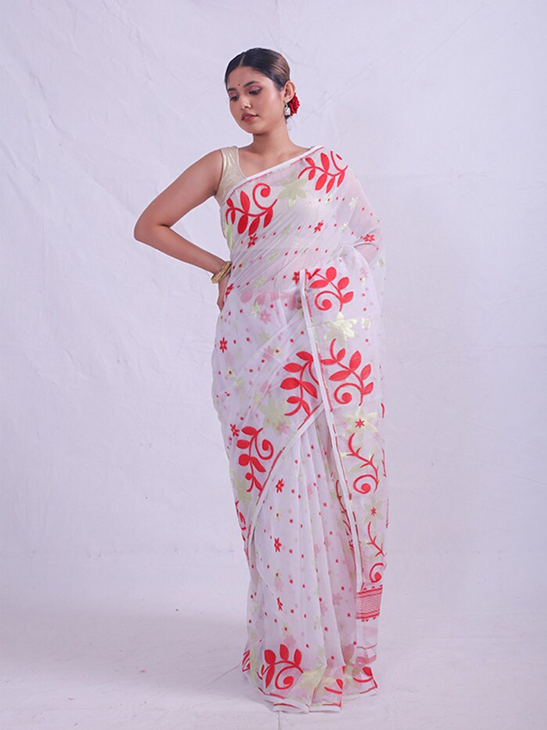 

AllSilks Floral Printed Taant Saree, White