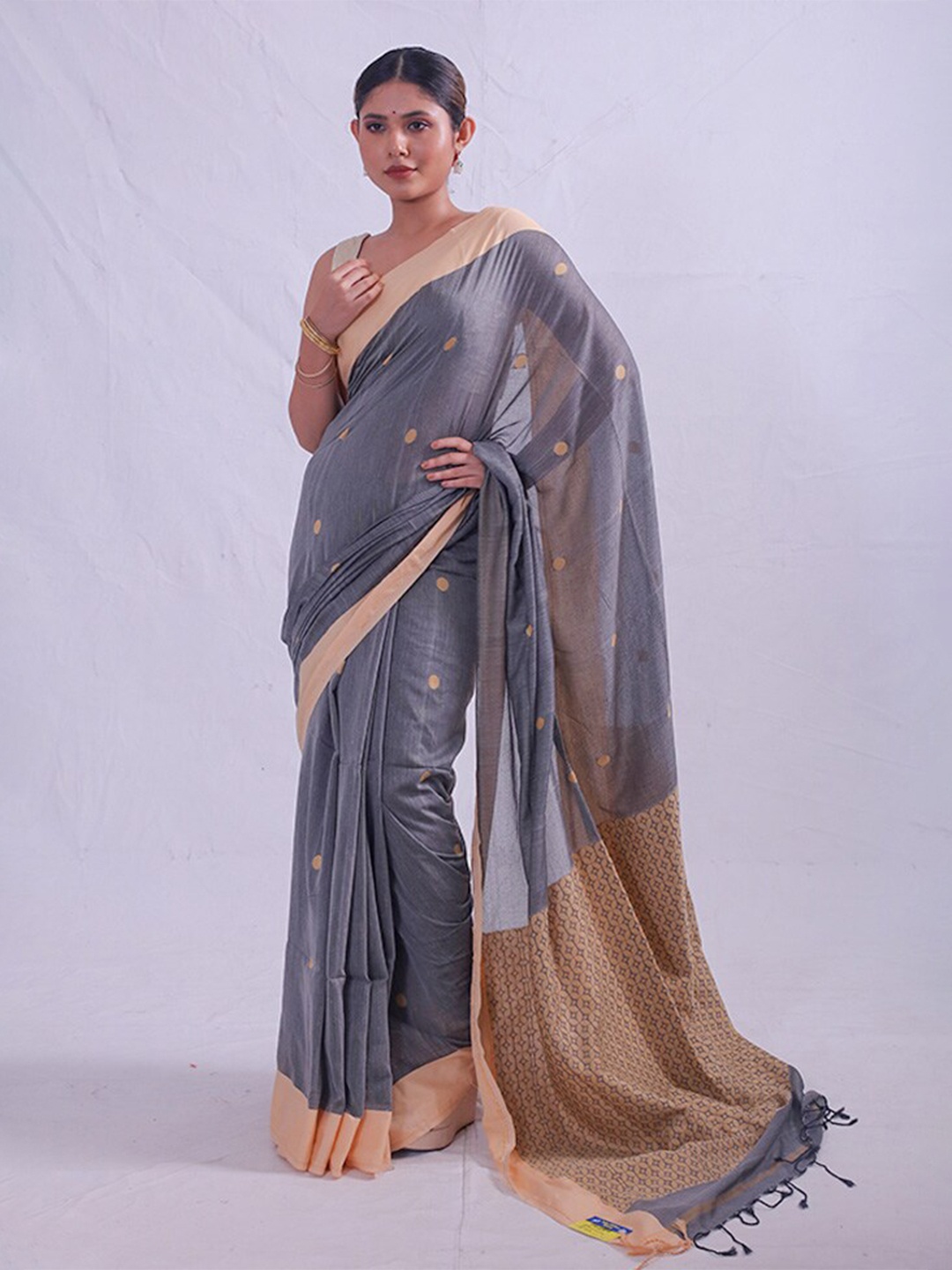 

AllSilks Polka Dots Woven Design Saree, Grey