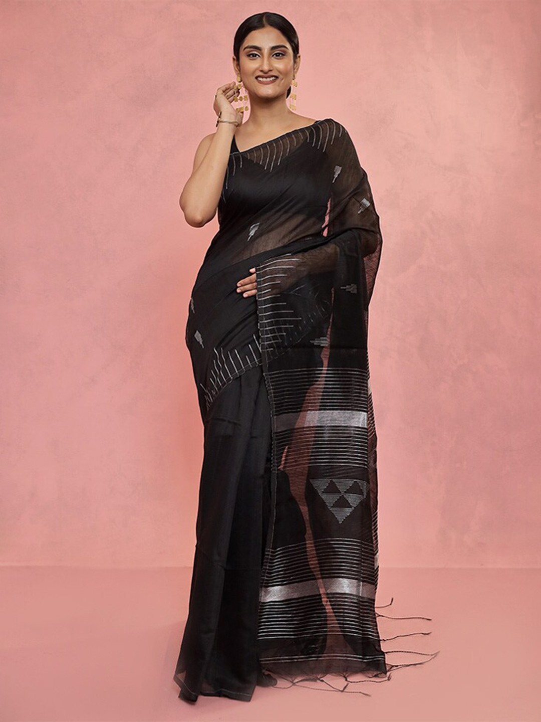 

AllSilks Geometric Woven Design Zari Saree, Black