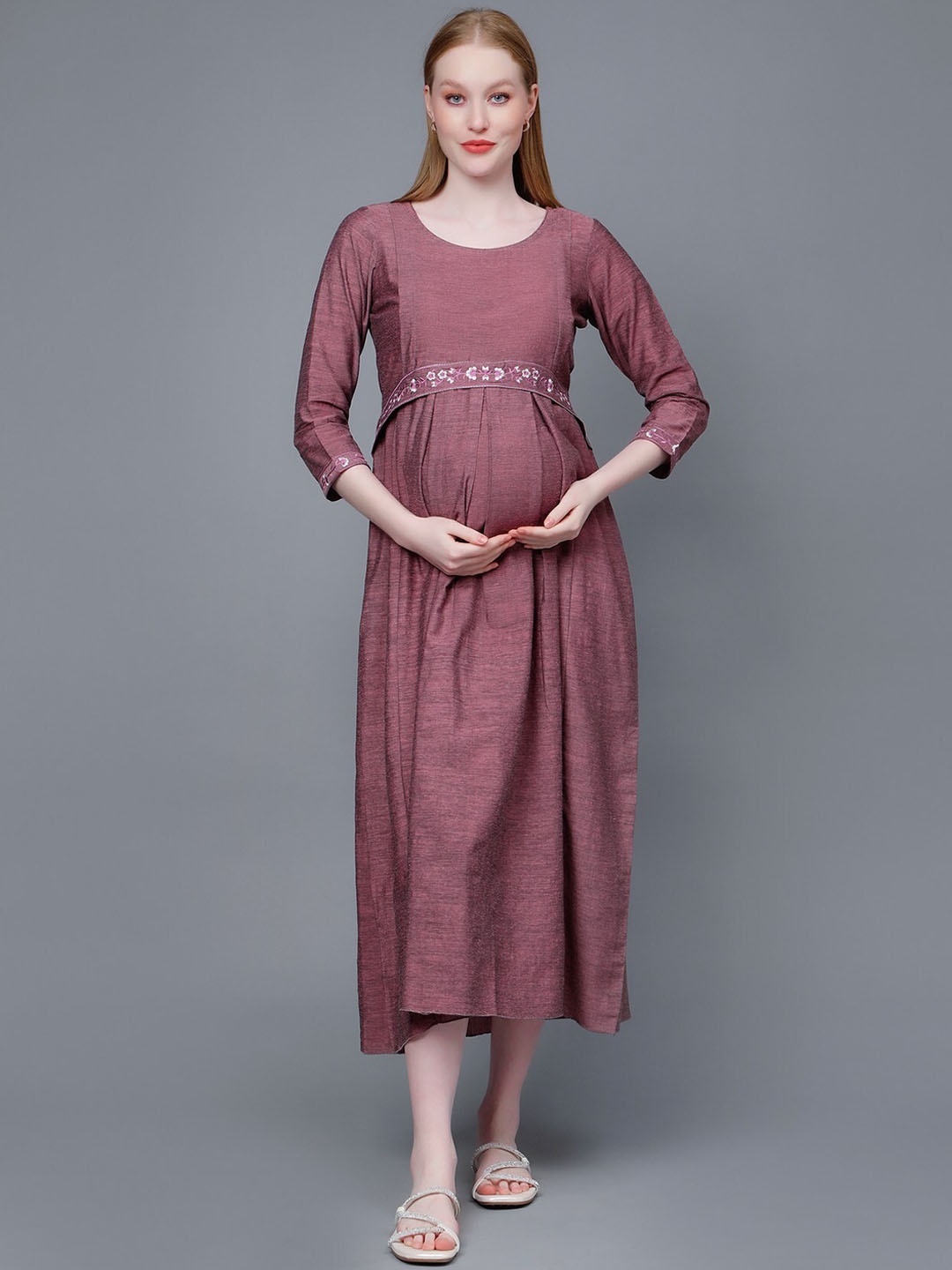 

DUMMY SHAPE Embroidered Maternity Pure Cotton A-Line Dress, Brown