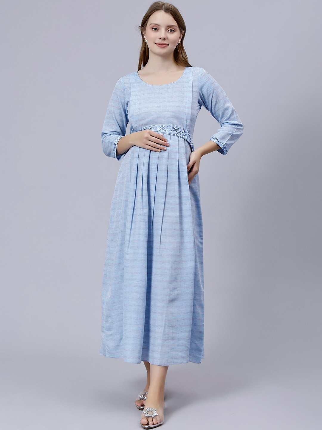 

DUMMY SHAPE Striped Maternity Pure Cotton Maxi Dress With Belt, Blue