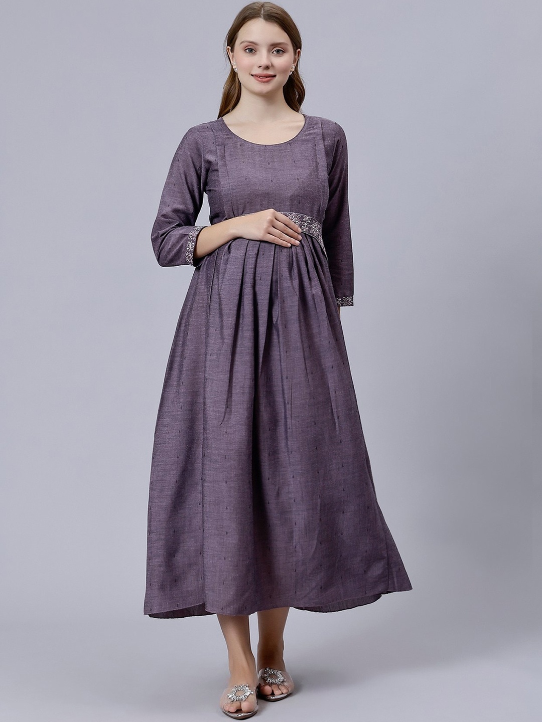 

DUMMY SHAPE Embroidered Maternity Pure Cotton A-Line Dress, Purple