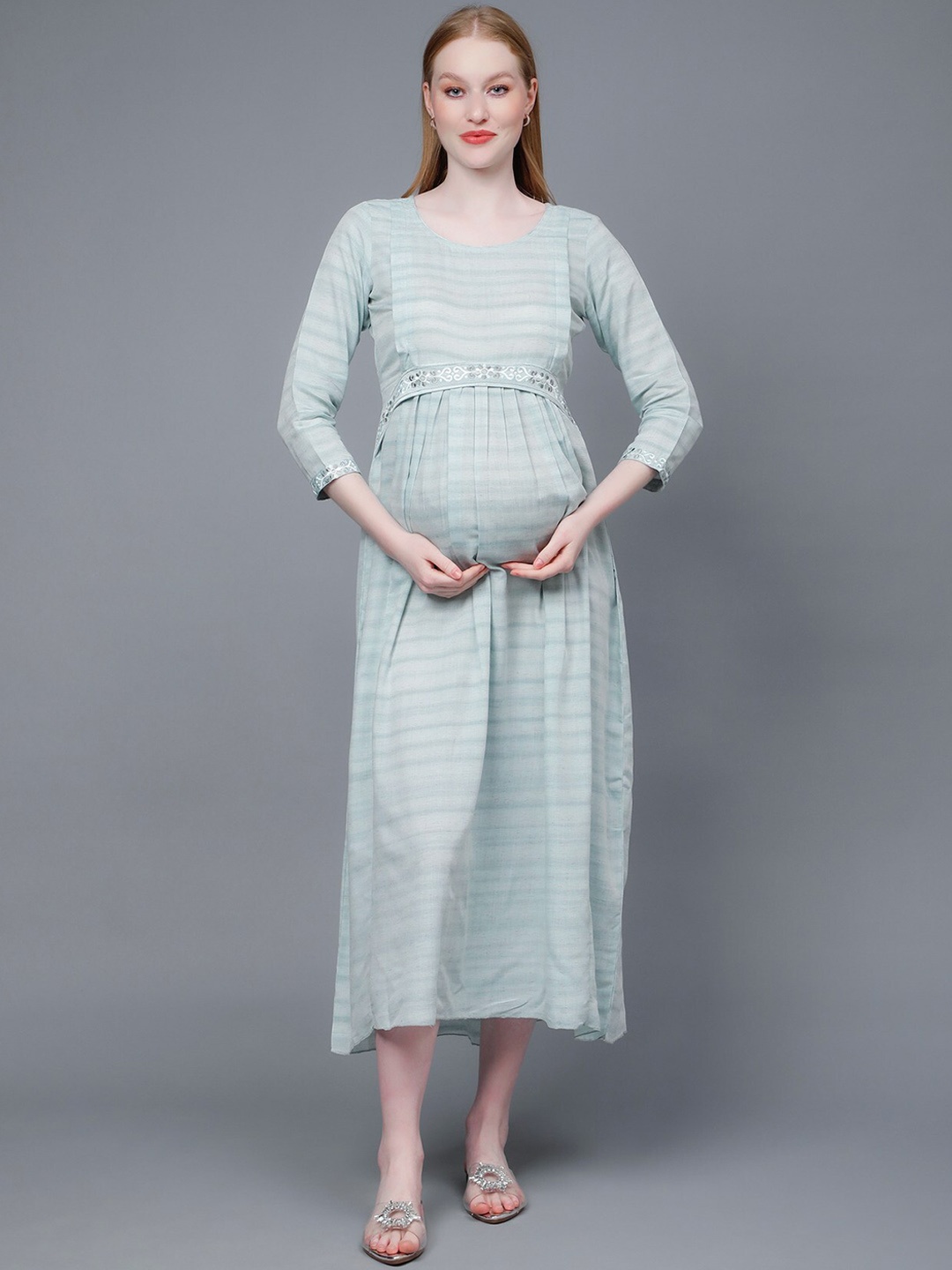 

DUMMY SHAPE Striped Maternity Pure Cotton Maxi Dress With Belt, Sea green