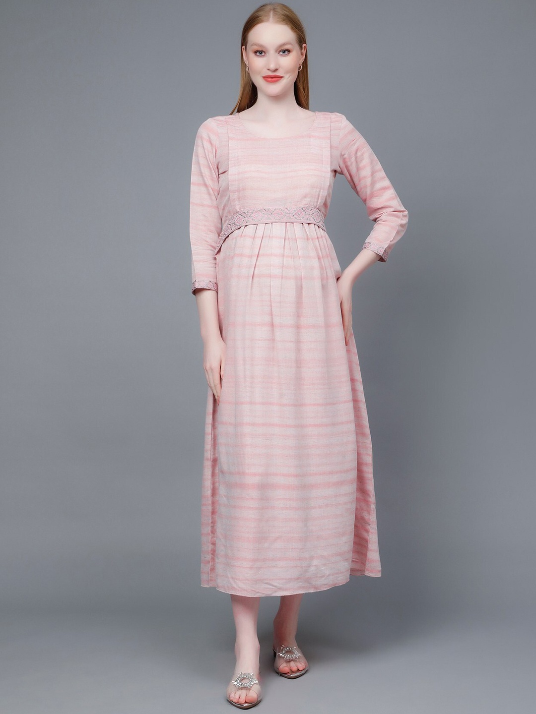 

DUMMY SHAPE Striped Embroidered Fit & Flare Midi Pure Cotton Maternity Feeding Dress, Pink