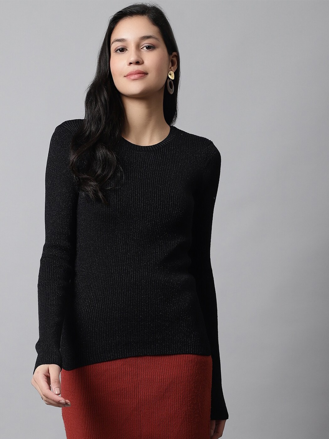 

NoBarr Ribbed Knitted Wool Pullover, Black